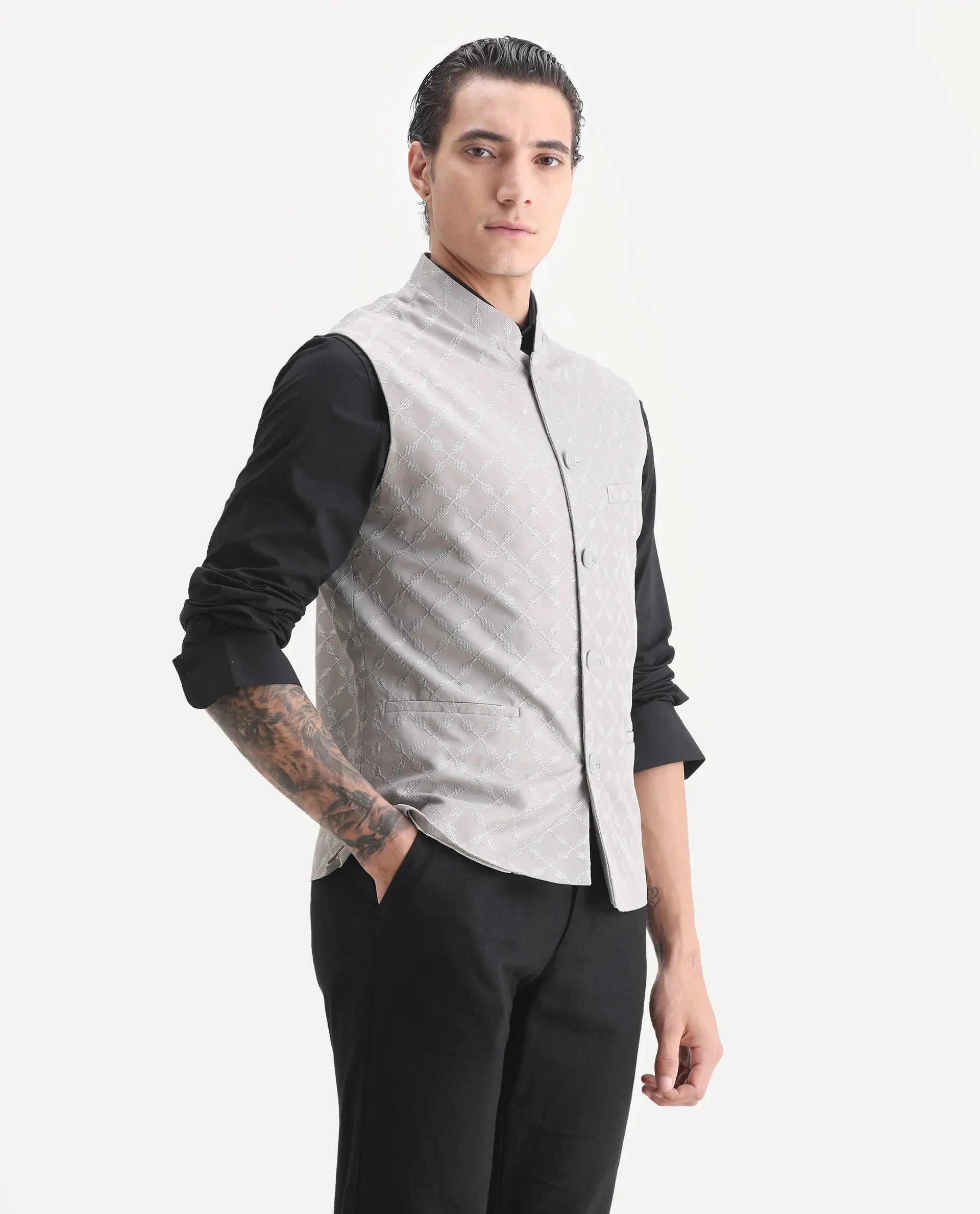 Rare Rabbit Men's Medo-B1 Grey Viscose Embroidered Regular Fit Sleeveless Mandarin Collar Bandhgala