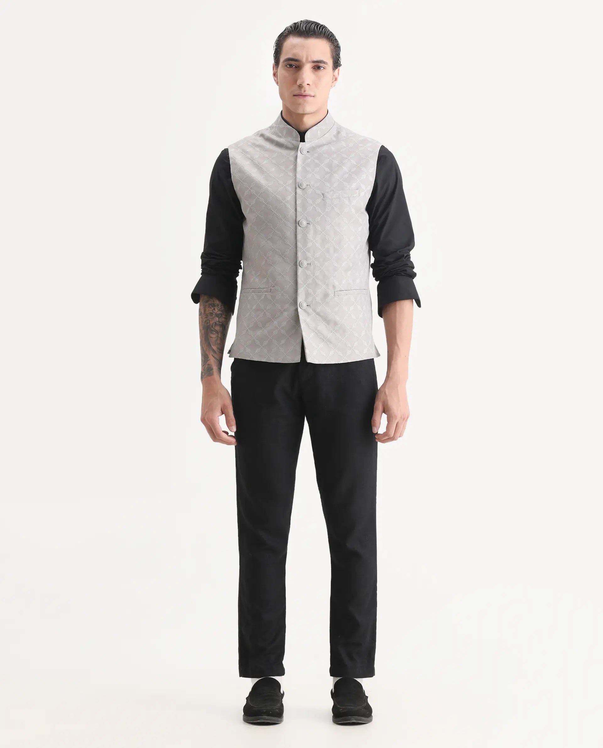 Rare Rabbit Men's Medo-B1 Grey Viscose Embroidered Regular Fit Sleeveless Mandarin Collar Bandhgala