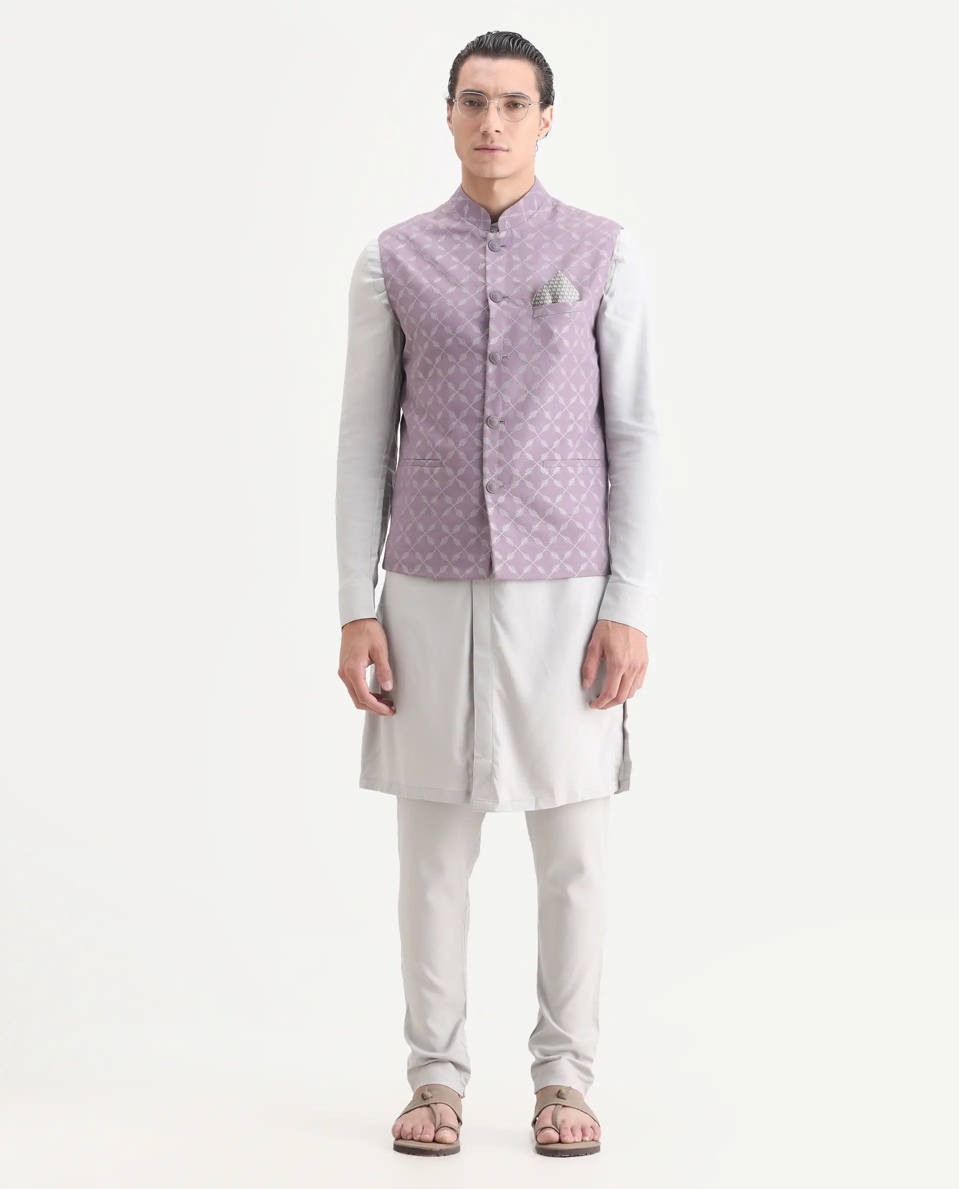 Rare Rabbit Men's Medob Pastel Purple Viscose Embroidered Tailored Fit Sleeveless Mandarin Collar Bandhgala