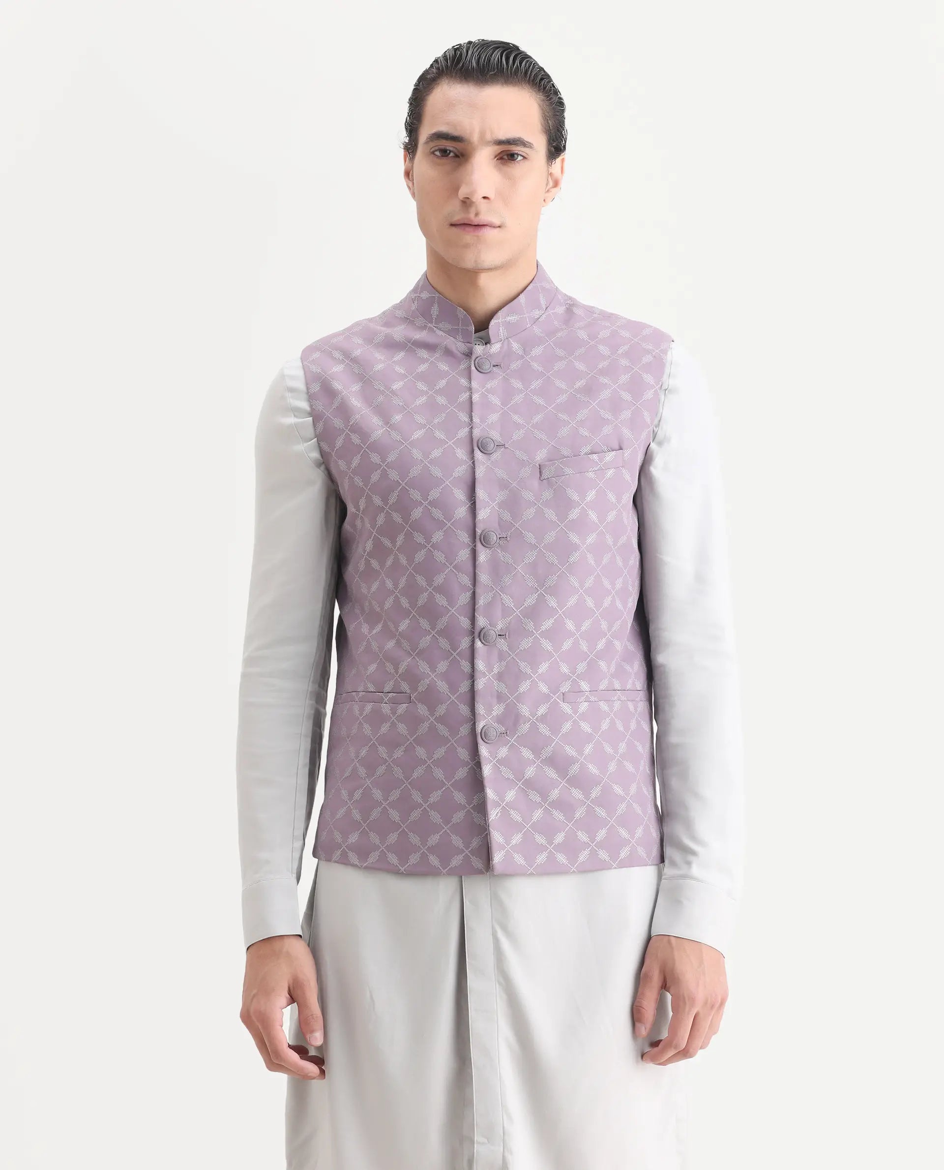 Rare Rabbit Men's Medob Pastel Purple Viscose Embroidered Tailored Fit Sleeveless Mandarin Collar Bandhgala