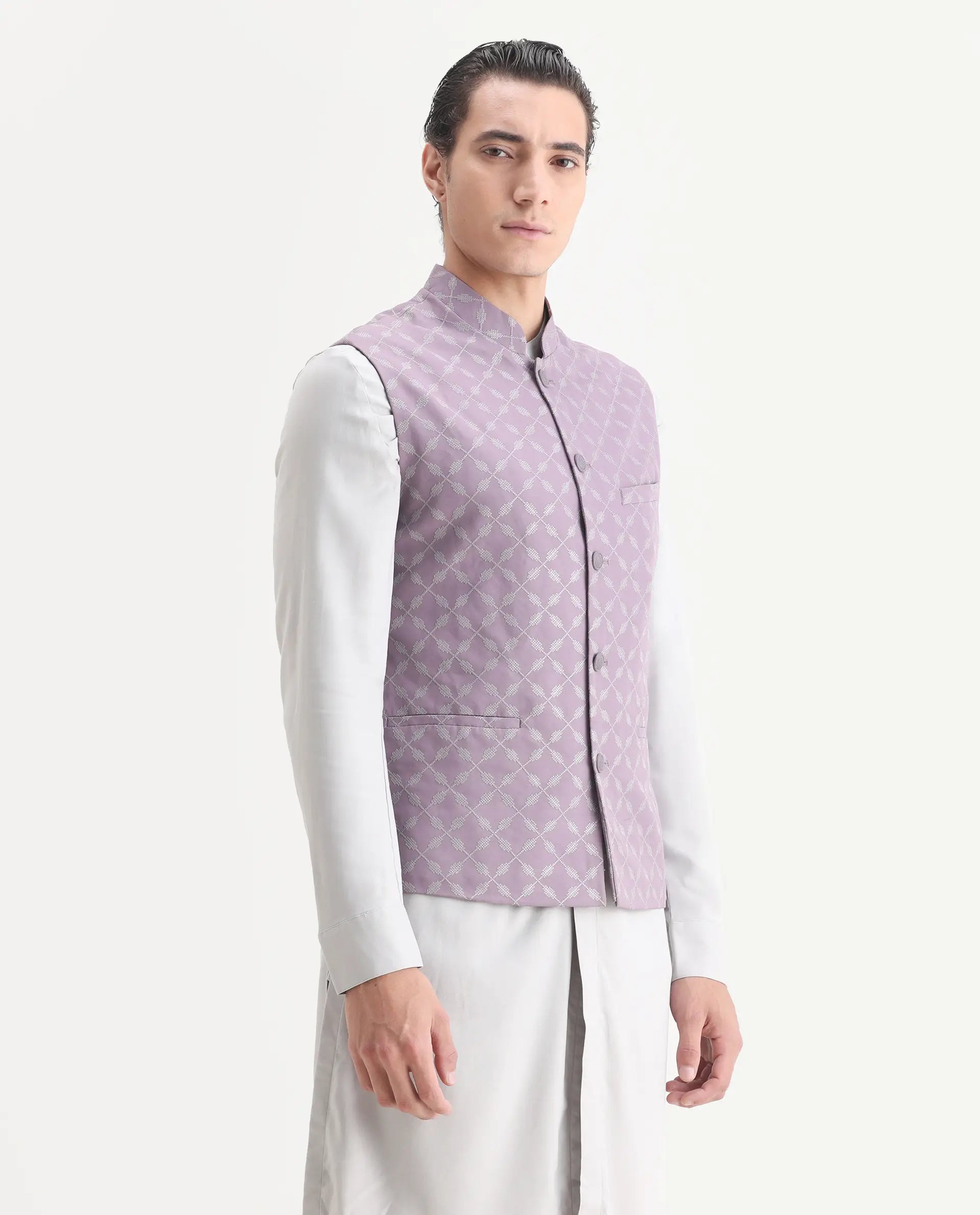 Rare Rabbit Men's Medob Pastel Purple Viscose Embroidered Tailored Fit Sleeveless Mandarin Collar Bandhgala