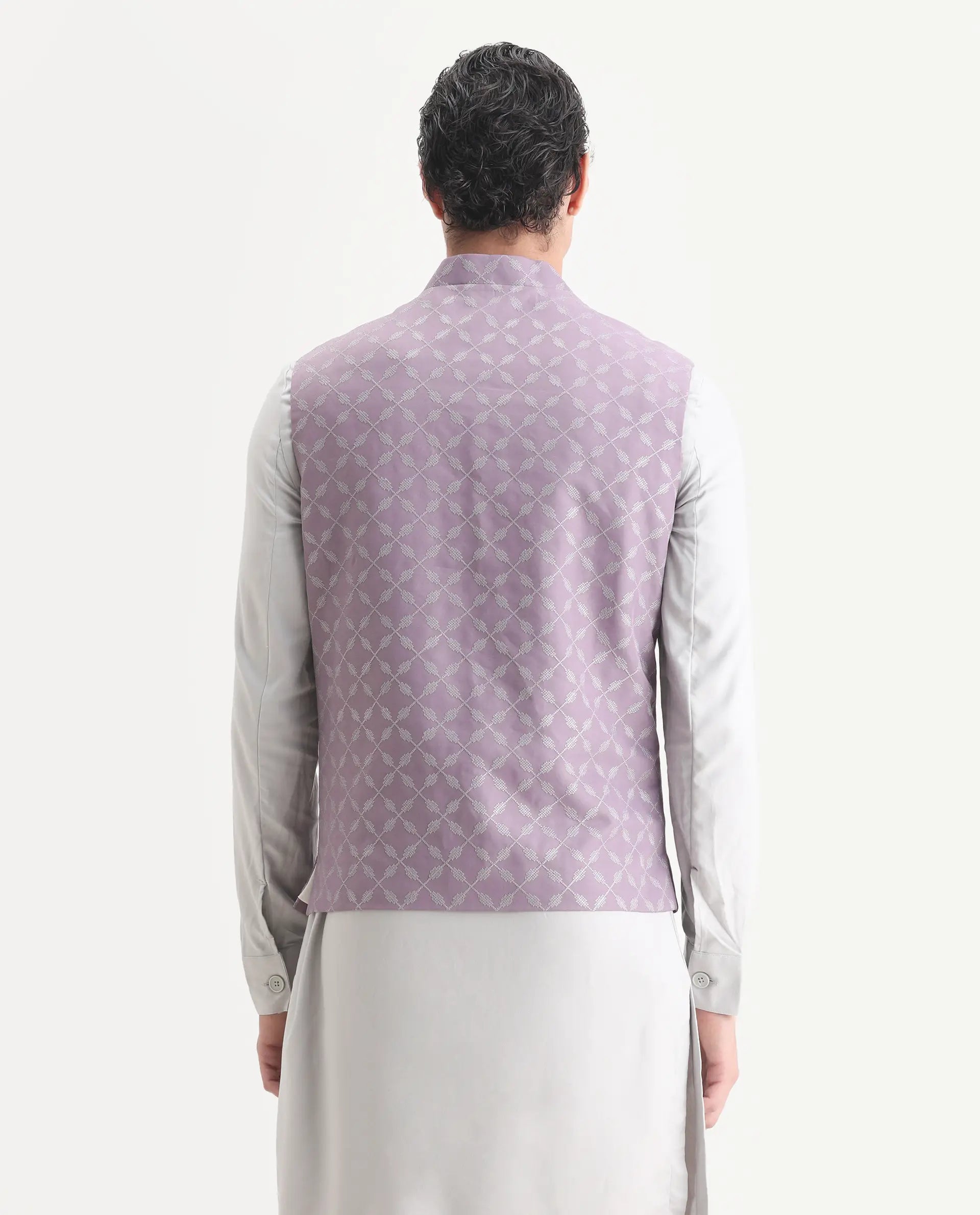 Rare Rabbit Men's Medob Pastel Purple Viscose Embroidered Tailored Fit Sleeveless Mandarin Collar Bandhgala