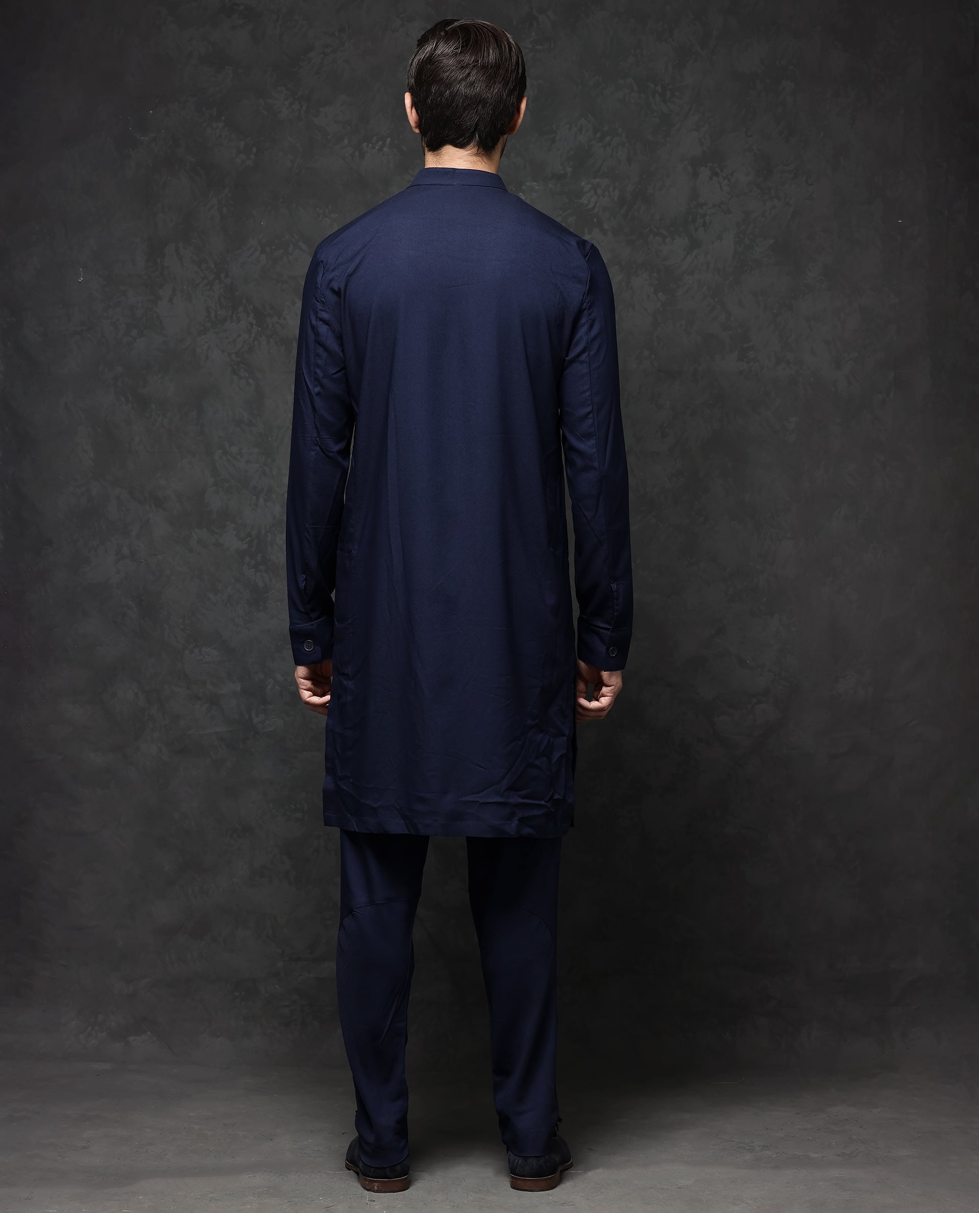 Rare Rabbit Men's Medo-K1 Dark Navy Poly Viscose Fabric Full Sleeve Mandarin Collar Solid Regular Fit Kurta