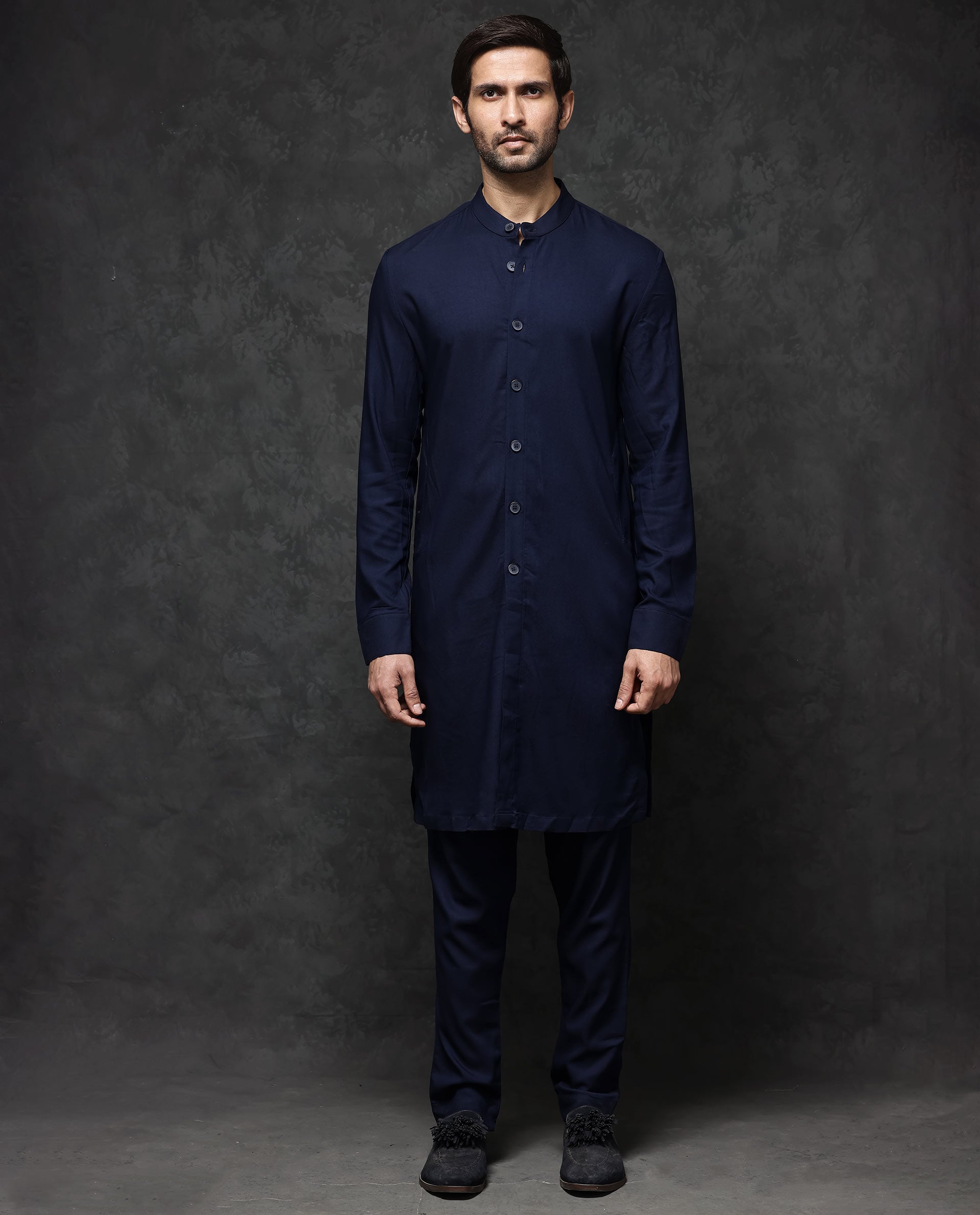 Rare Rabbit Men's Medo-K1 Dark Navy Poly Viscose Fabric Full Sleeve Mandarin Collar Solid Regular Fit Kurta