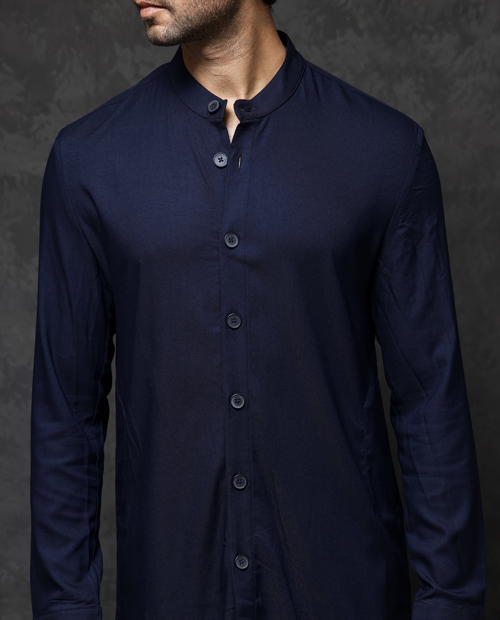 Rare Rabbit Men's Medo-K1 Dark Navy Poly Viscose Fabric Full Sleeve Mandarin Collar Solid Regular Fit Kurta