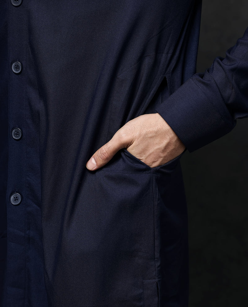 Rare Rabbit Men's Medo-K1 Dark Navy Poly Viscose Fabric Full Sleeve Mandarin Collar Solid Regular Fit Kurta