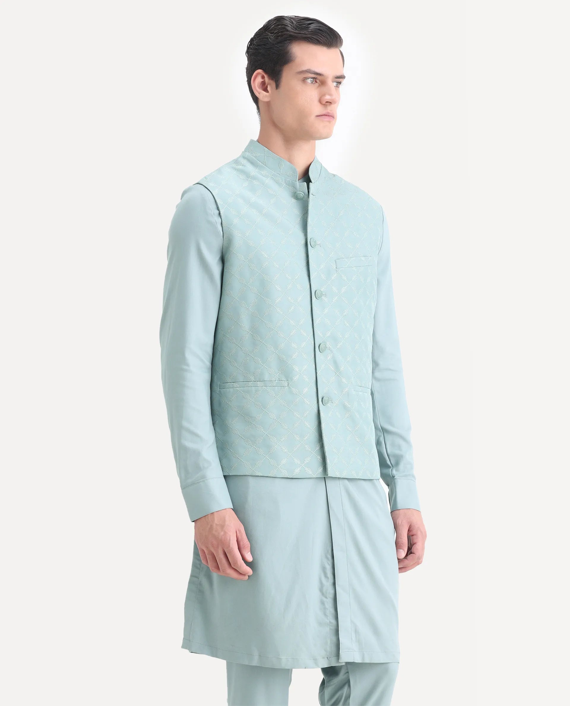 Rare Rabbit Men's Medo Kpb Dusky Green Viscose Embroidered Regular Fit Full Sleeve Mandarin Collar Kurta Suit