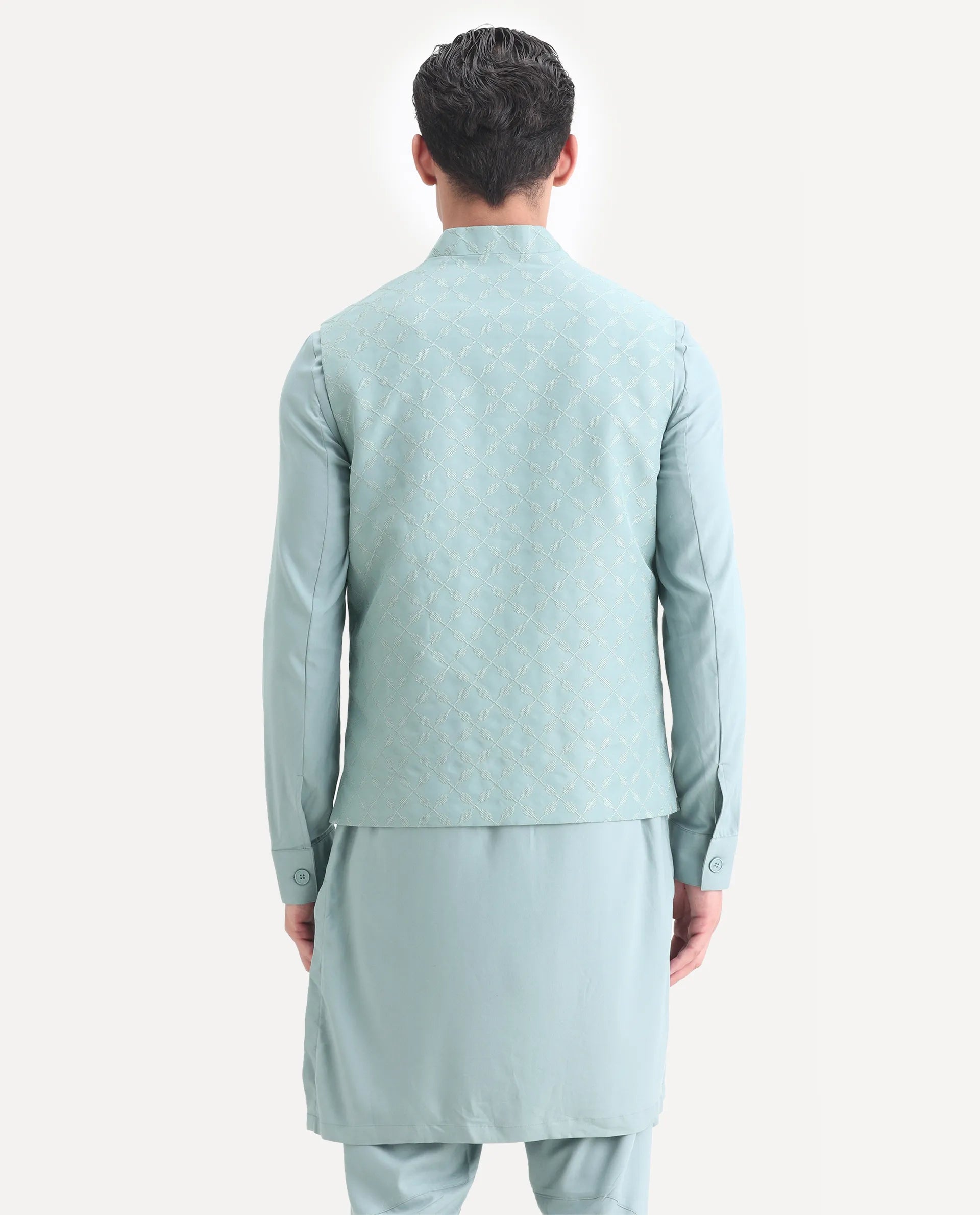 Rare Rabbit Men's Medo Kpb Dusky Green Viscose Embroidered Regular Fit Full Sleeve Mandarin Collar Kurta Suit