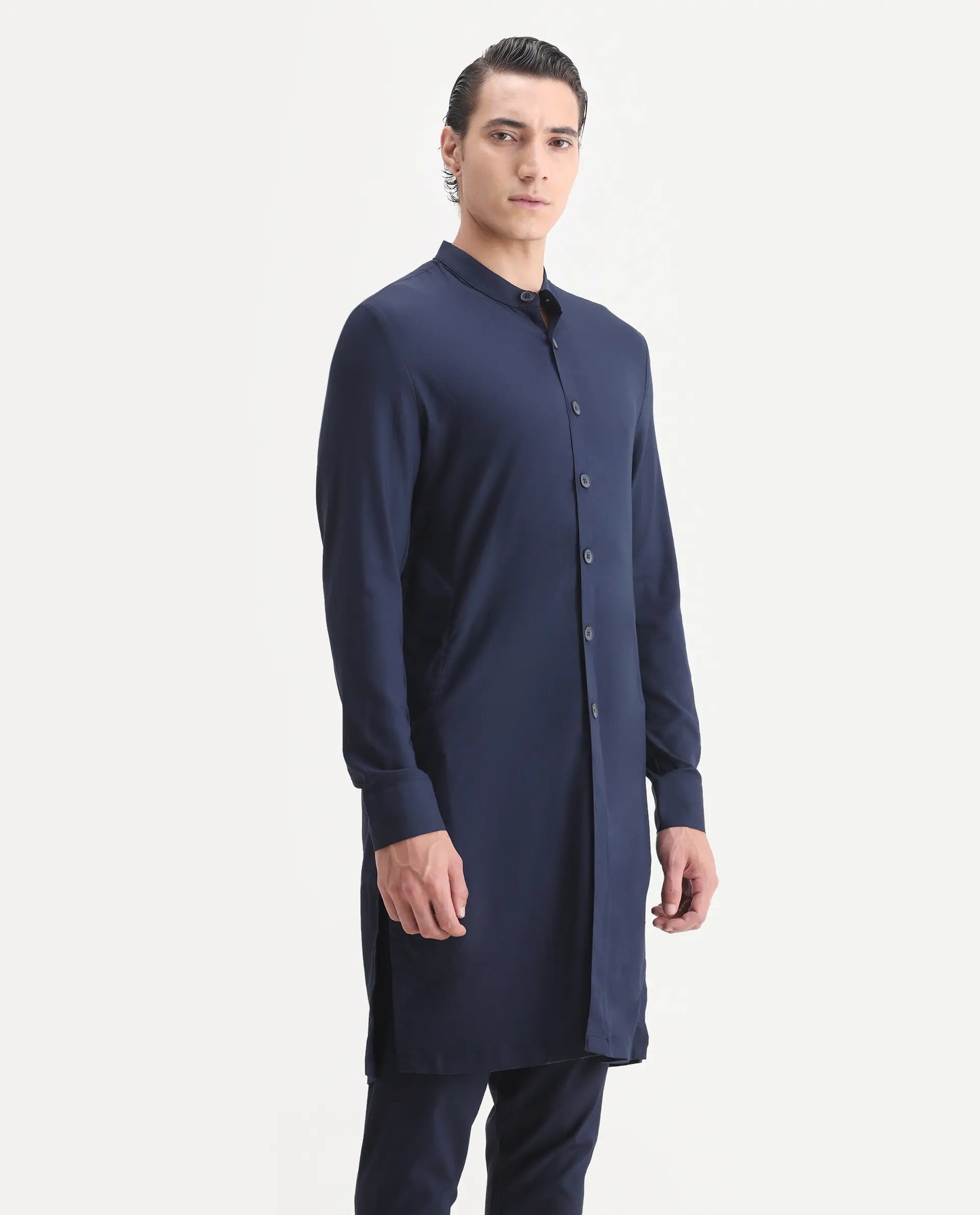 Rare Rabbit Men's Medok Dark Navy Plain Regular Fit Full Sleeve Mandarin Collar Kurta