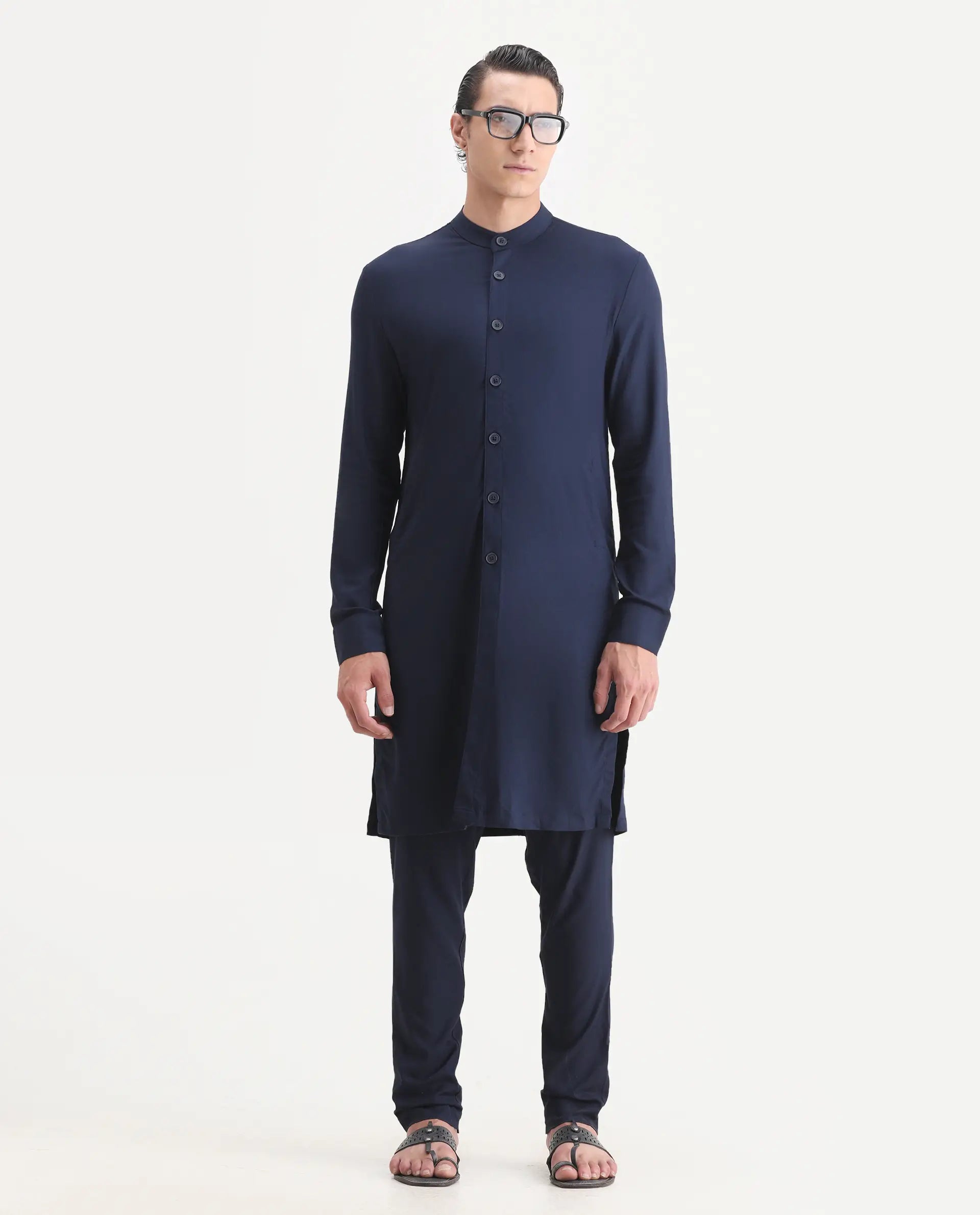 Rare Rabbit Men's Medok Dark Navy Plain Regular Fit Full Sleeve Mandarin Collar Kurta