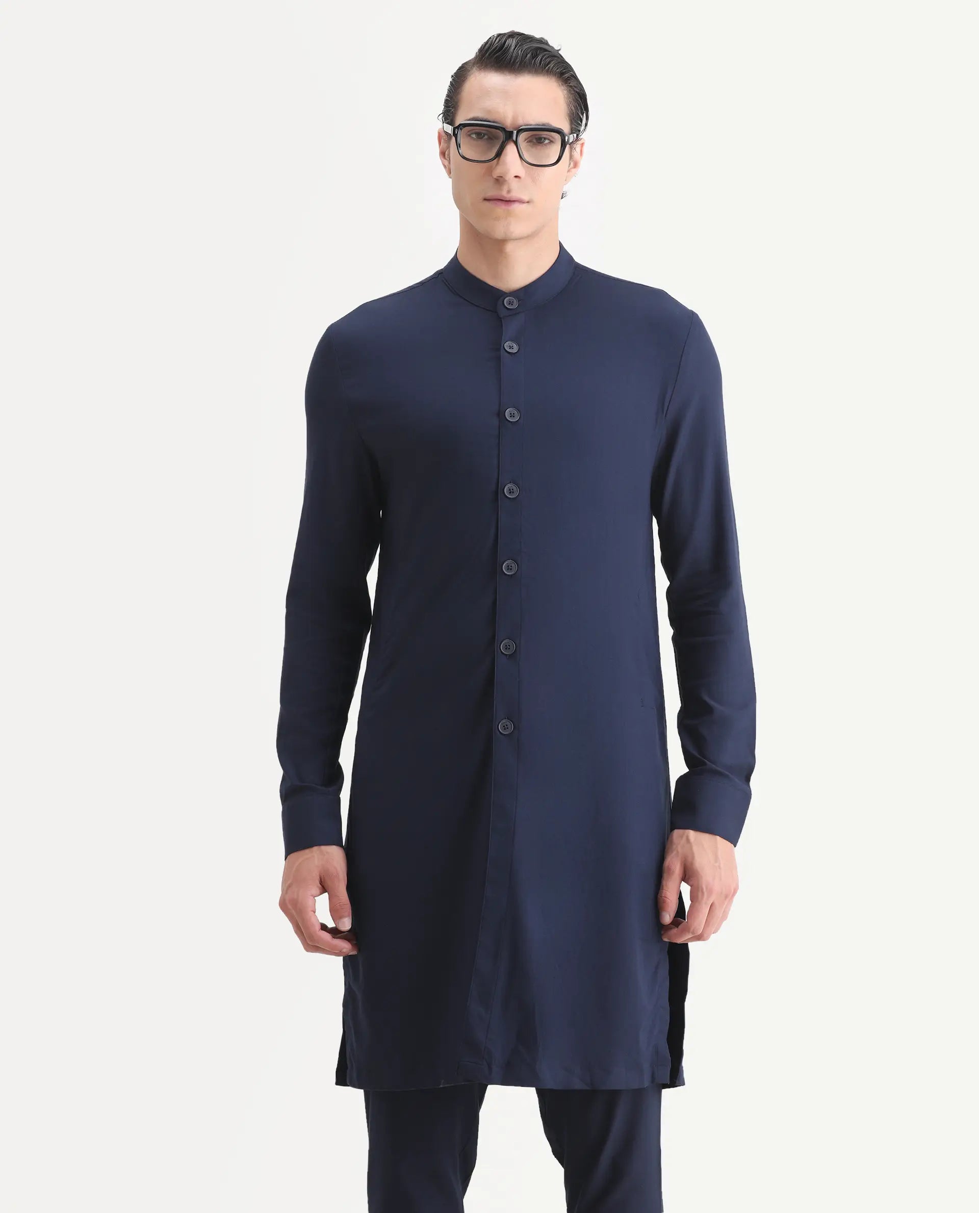 Rare Rabbit Men's Medok Dark Navy Plain Regular Fit Full Sleeve Mandarin Collar Kurta