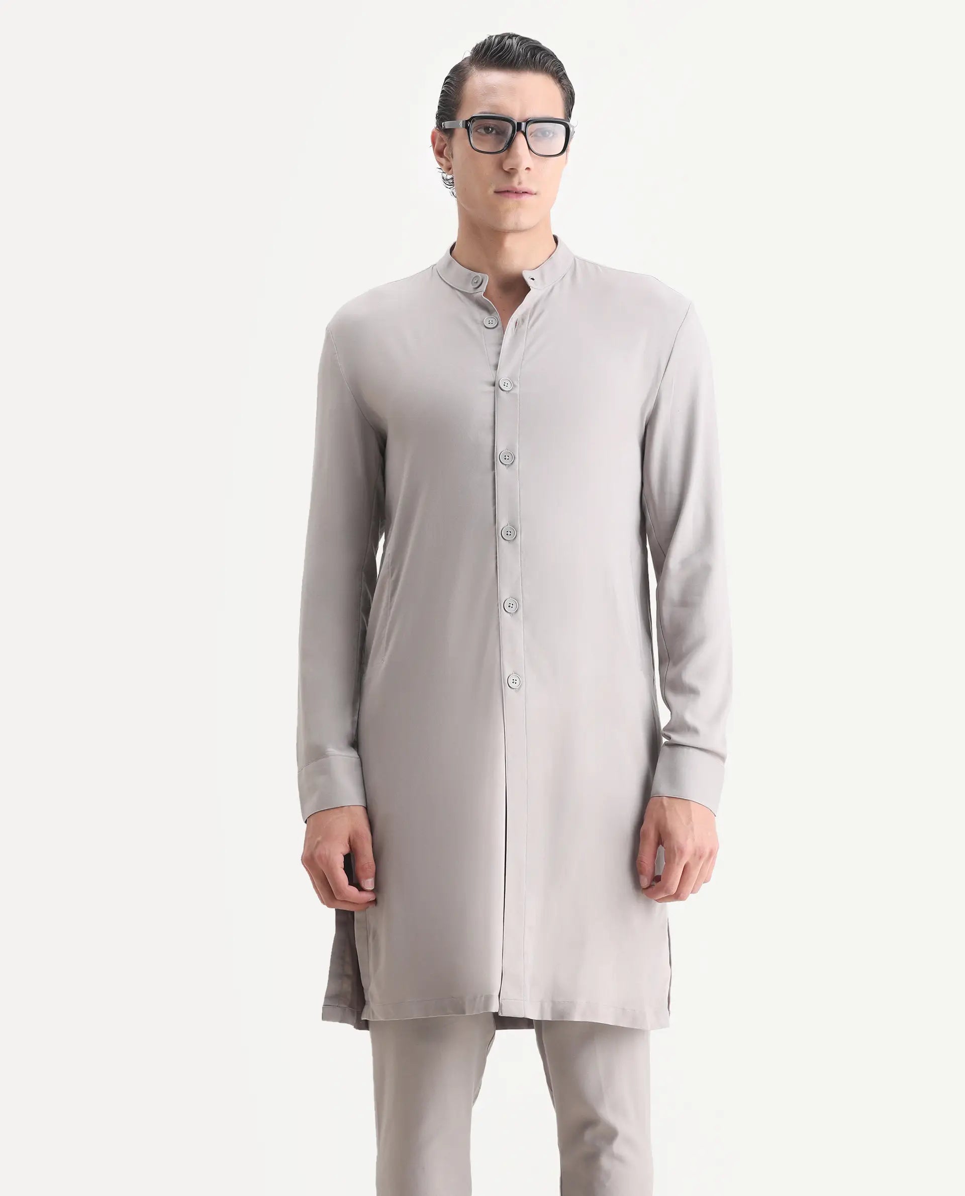 Rare Rabbit Men's Medok Grey Plain Regular Fit Full Sleeve Mandarin Collar Kurta