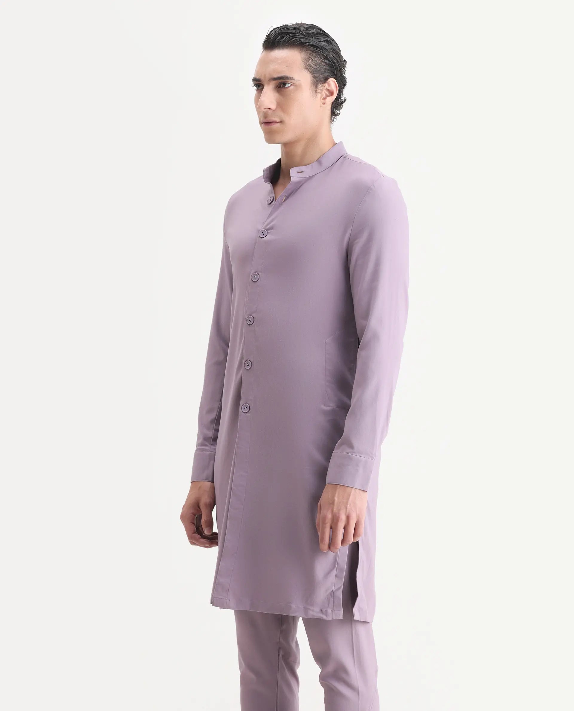 Rare Rabbit Men's Medo K Pastel Purple Plain Regular Fit Full Sleeve Mandarin Collar Kurta