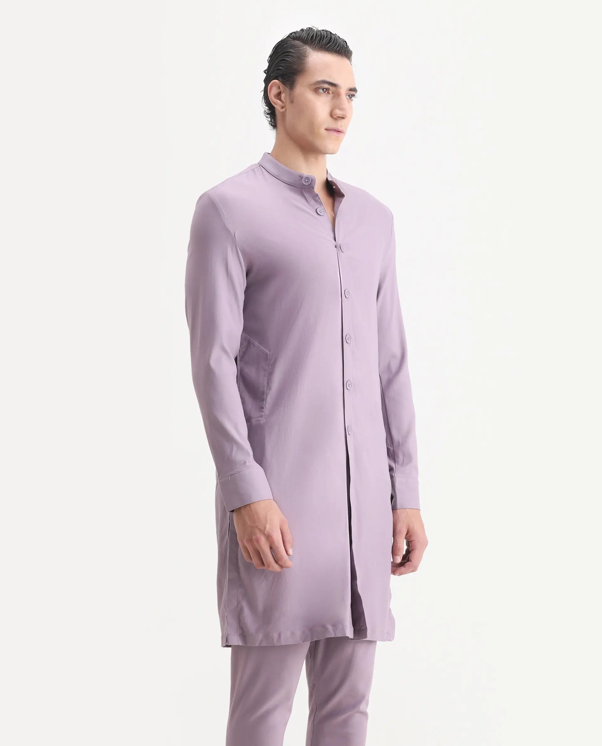 Rare Rabbit Men's Medo K Pastel Purple Plain Regular Fit Full Sleeve Mandarin Collar Kurta