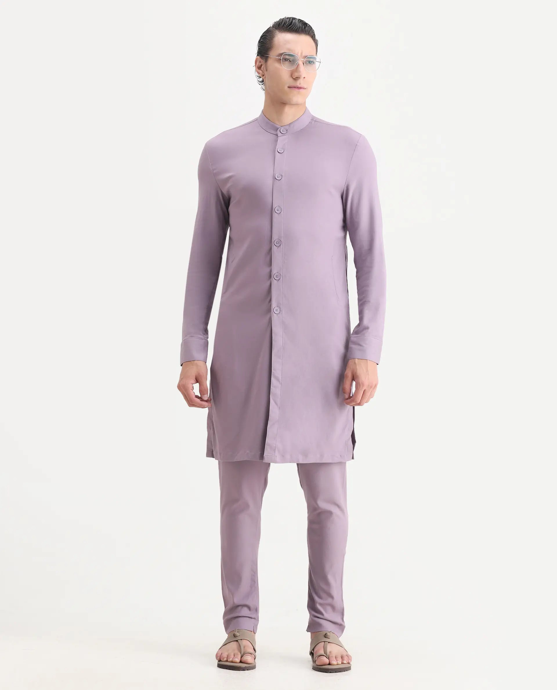 Rare Rabbit Men's Medo K Pastel Purple Plain Regular Fit Full Sleeve Mandarin Collar Kurta