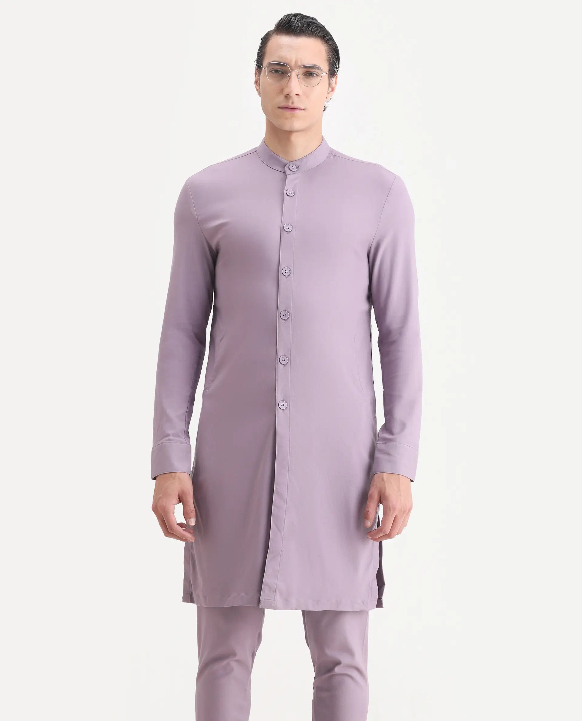 Rare Rabbit Men's Medo K Pastel Purple Plain Regular Fit Full Sleeve Mandarin Collar Kurta