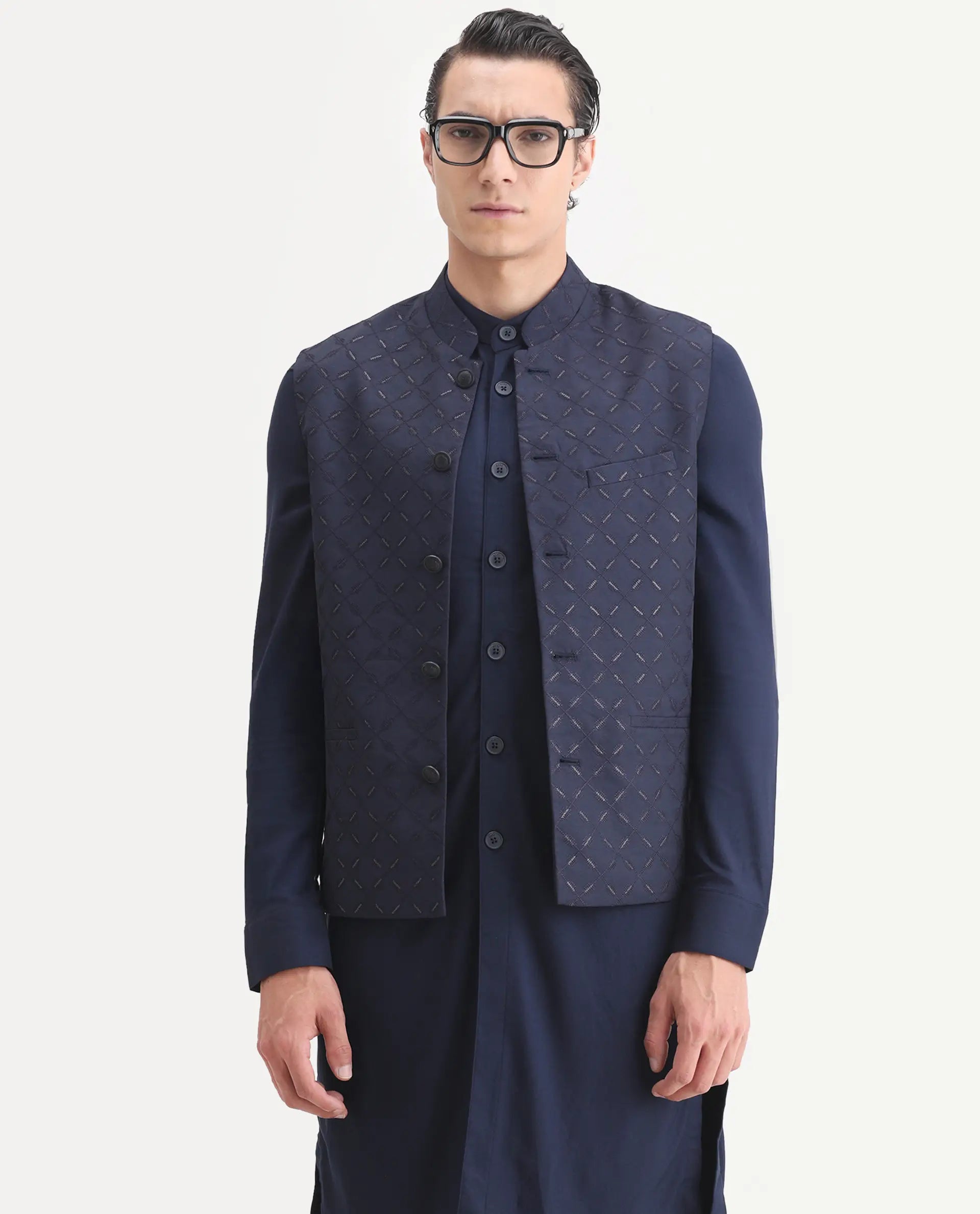 Rare Rabbit Men's Medo-Kpb Dark Navy Viscose Embroidered Regular Fit Full Sleeve Mandarin Collar Kurta Suit
