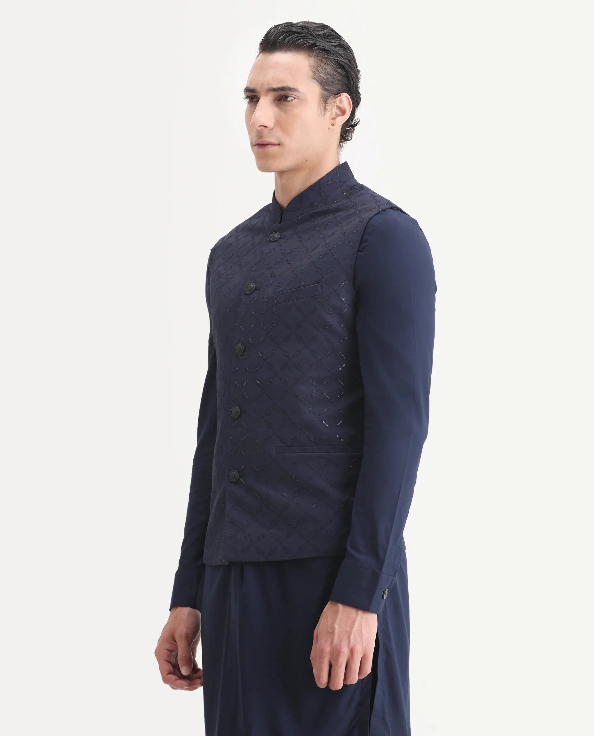 Rare Rabbit Men's Medo-Kpb Dark Navy Viscose Embroidered Regular Fit Full Sleeve Mandarin Collar Kurta Suit