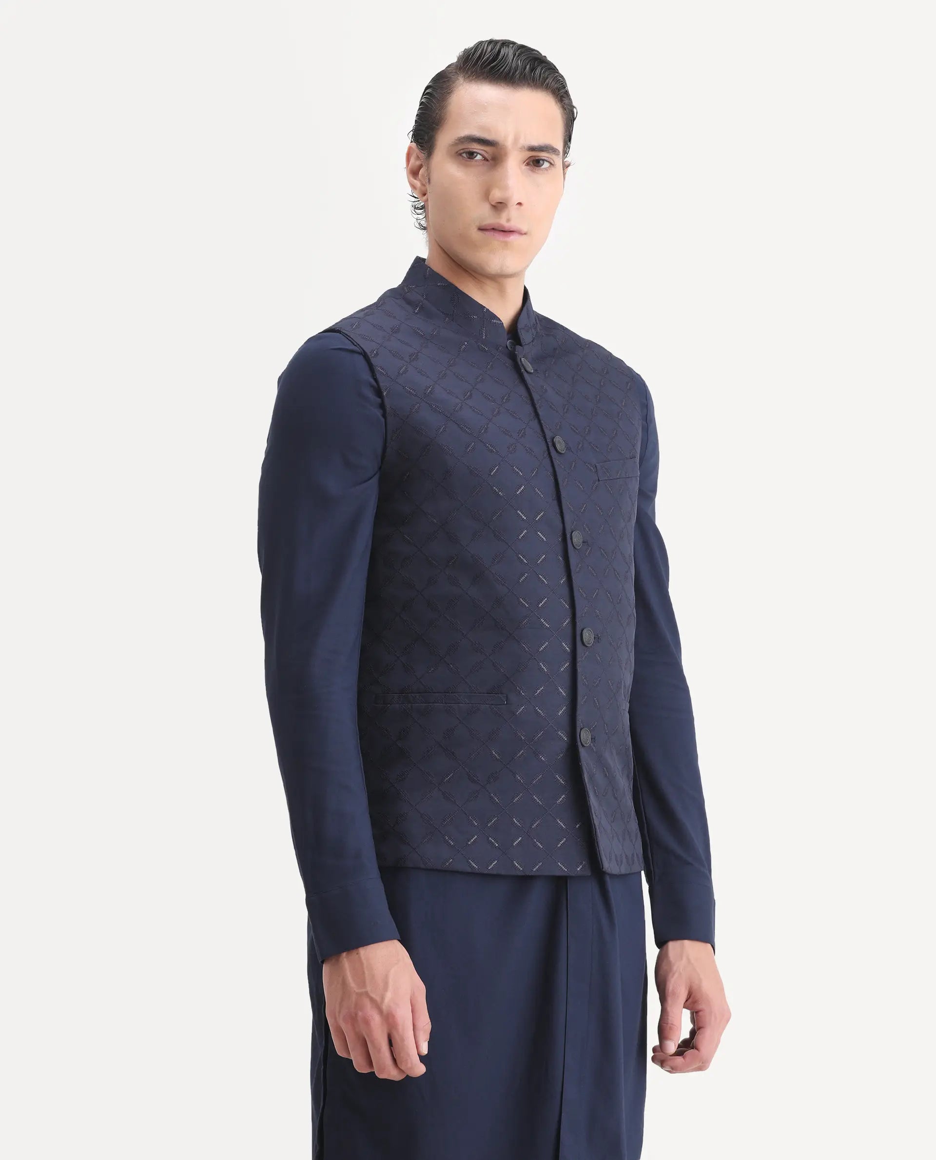 Rare Rabbit Men's Medo-Kpb Dark Navy Viscose Embroidered Regular Fit Full Sleeve Mandarin Collar Kurta Suit