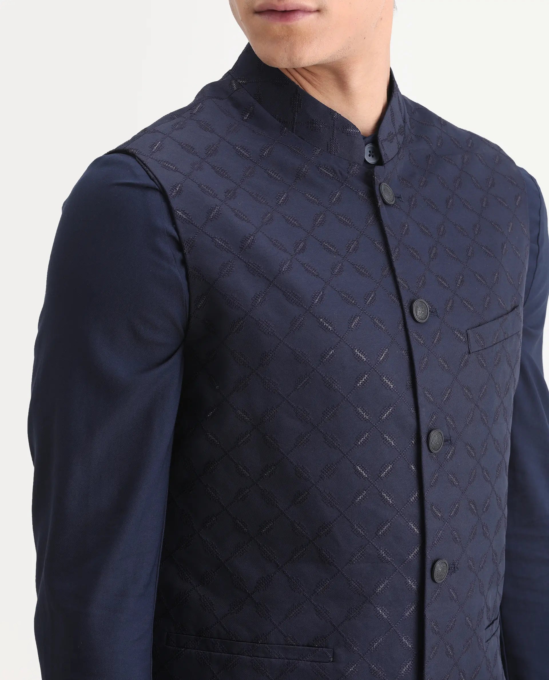 Rare Rabbit Men's Medo-Kpb Dark Navy Viscose Embroidered Regular Fit Full Sleeve Mandarin Collar Kurta Suit