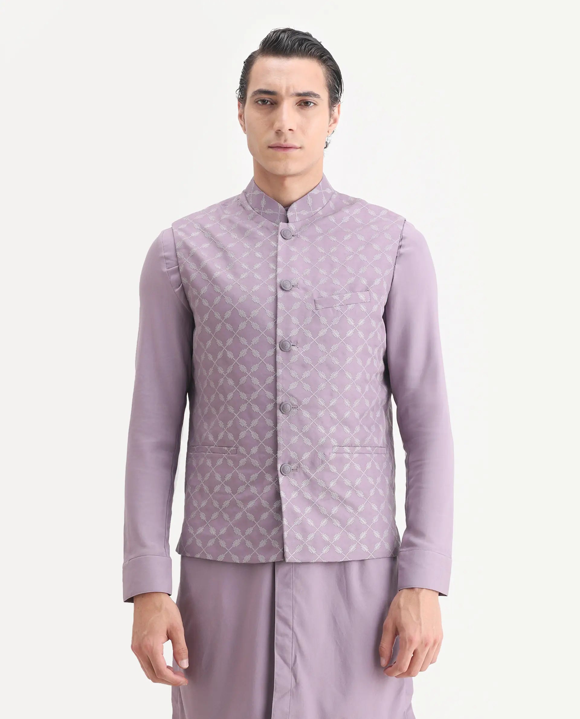Rare Rabbit Men's Medo Kpb Pastel Purple Viscose Embroidered Regular Fit Full Sleeve Mandarin Collar Kurta Suit