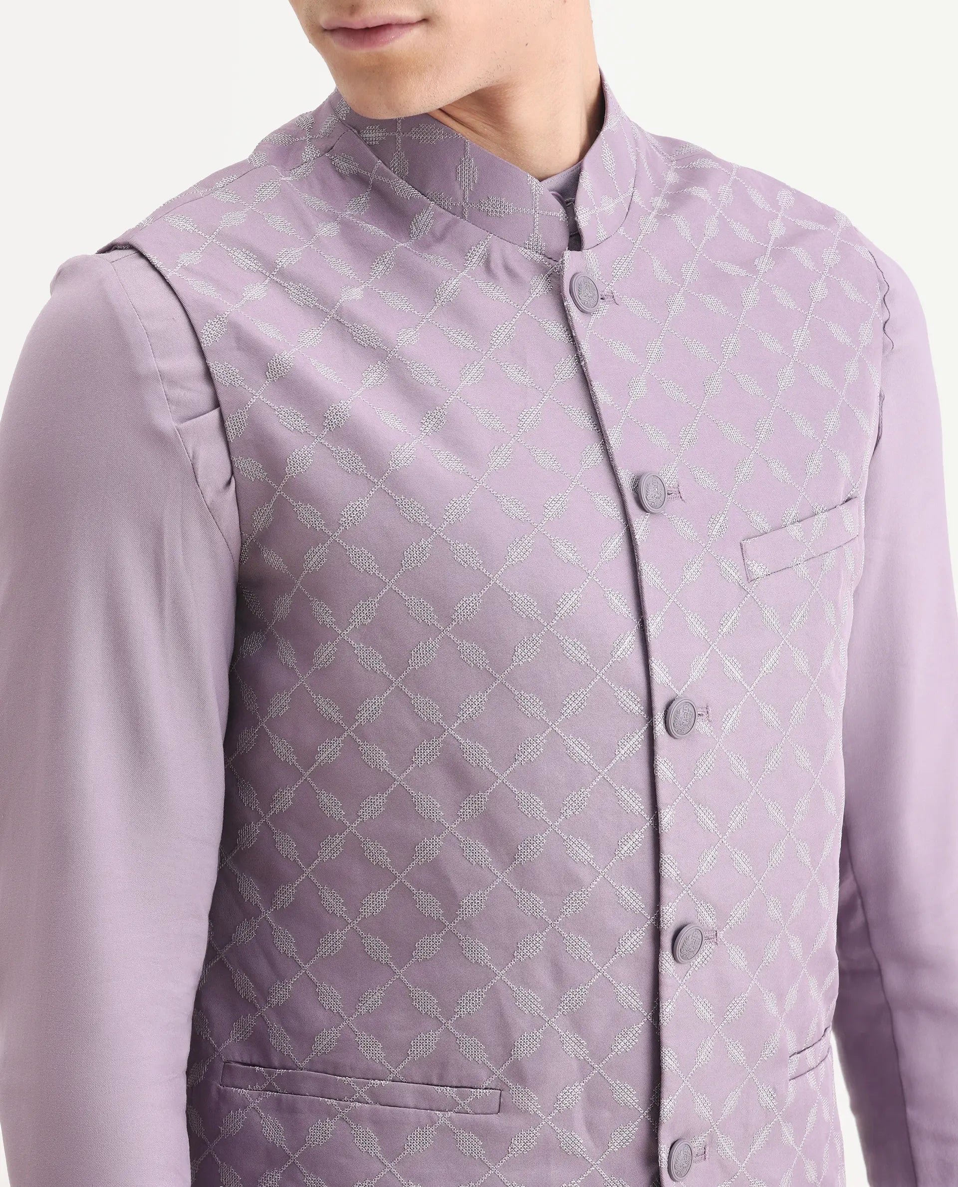 Rare Rabbit Men's Medo Kpb Pastel Purple Viscose Embroidered Regular Fit Full Sleeve Mandarin Collar Kurta Suit