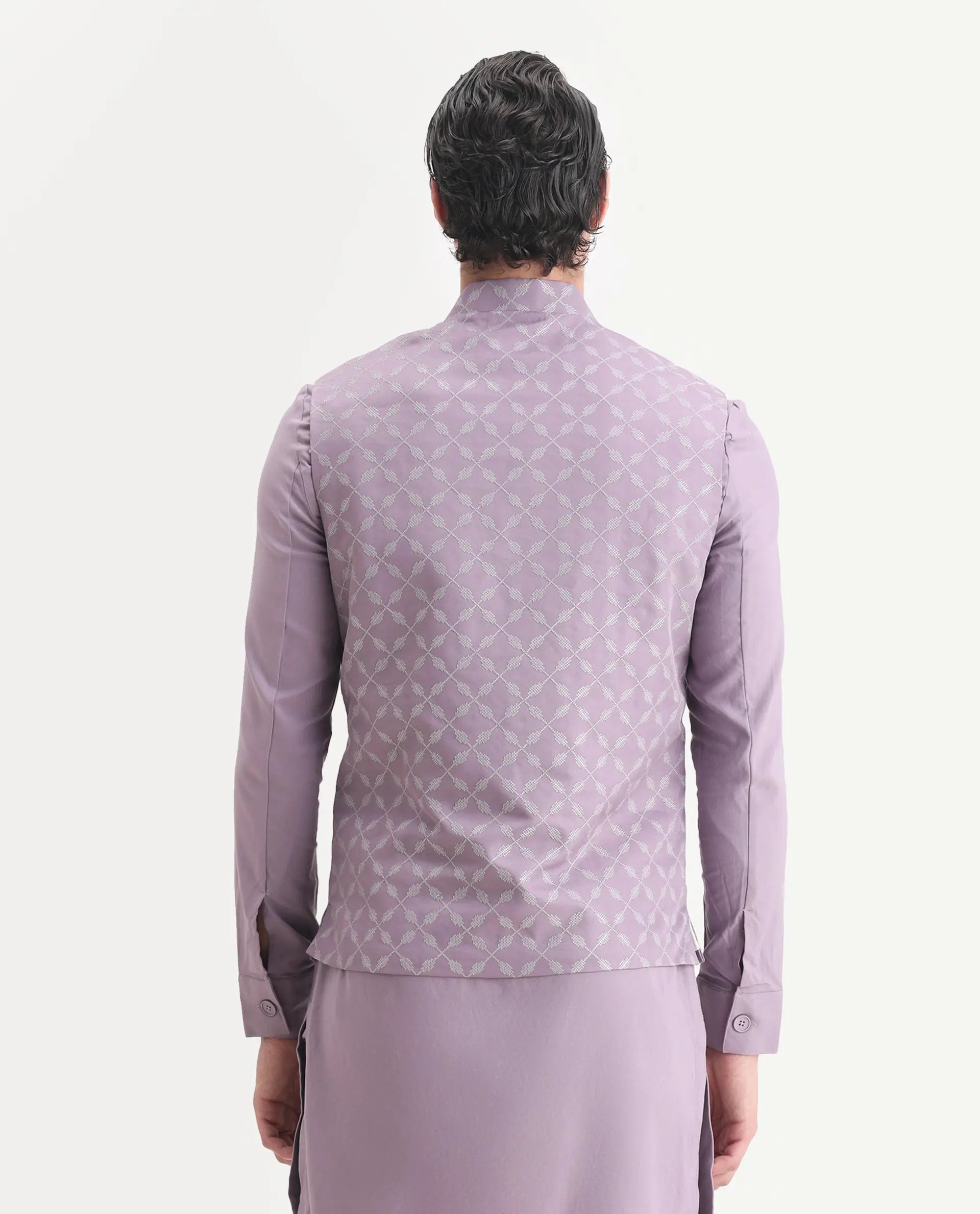 Rare Rabbit Men's Medo Kpb Pastel Purple Viscose Embroidered Regular Fit Full Sleeve Mandarin Collar Kurta Suit