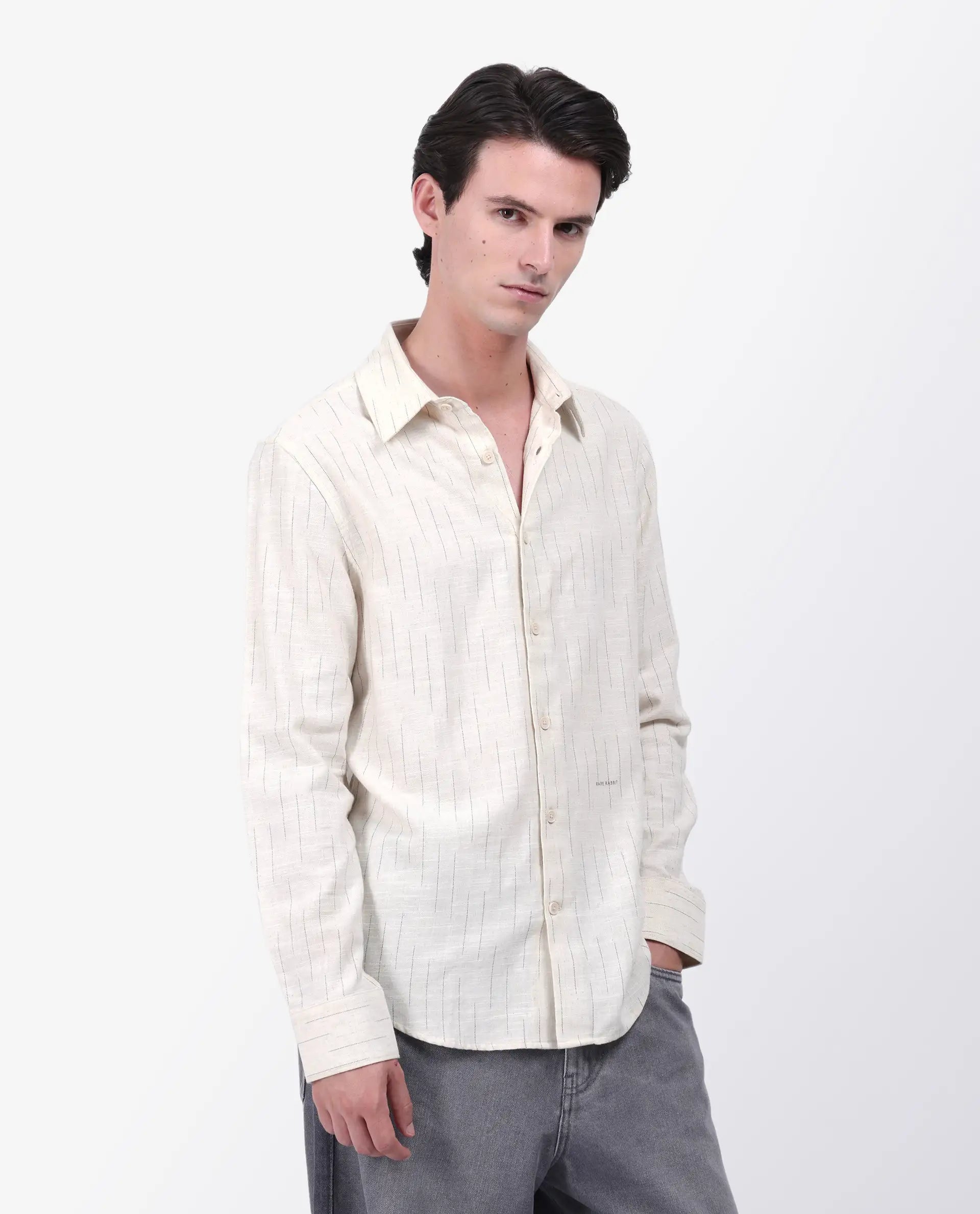Rare Rabbit Men's Meem Beige Cotton Striped Print Regular Fit Full Sleeve Collared Shirt