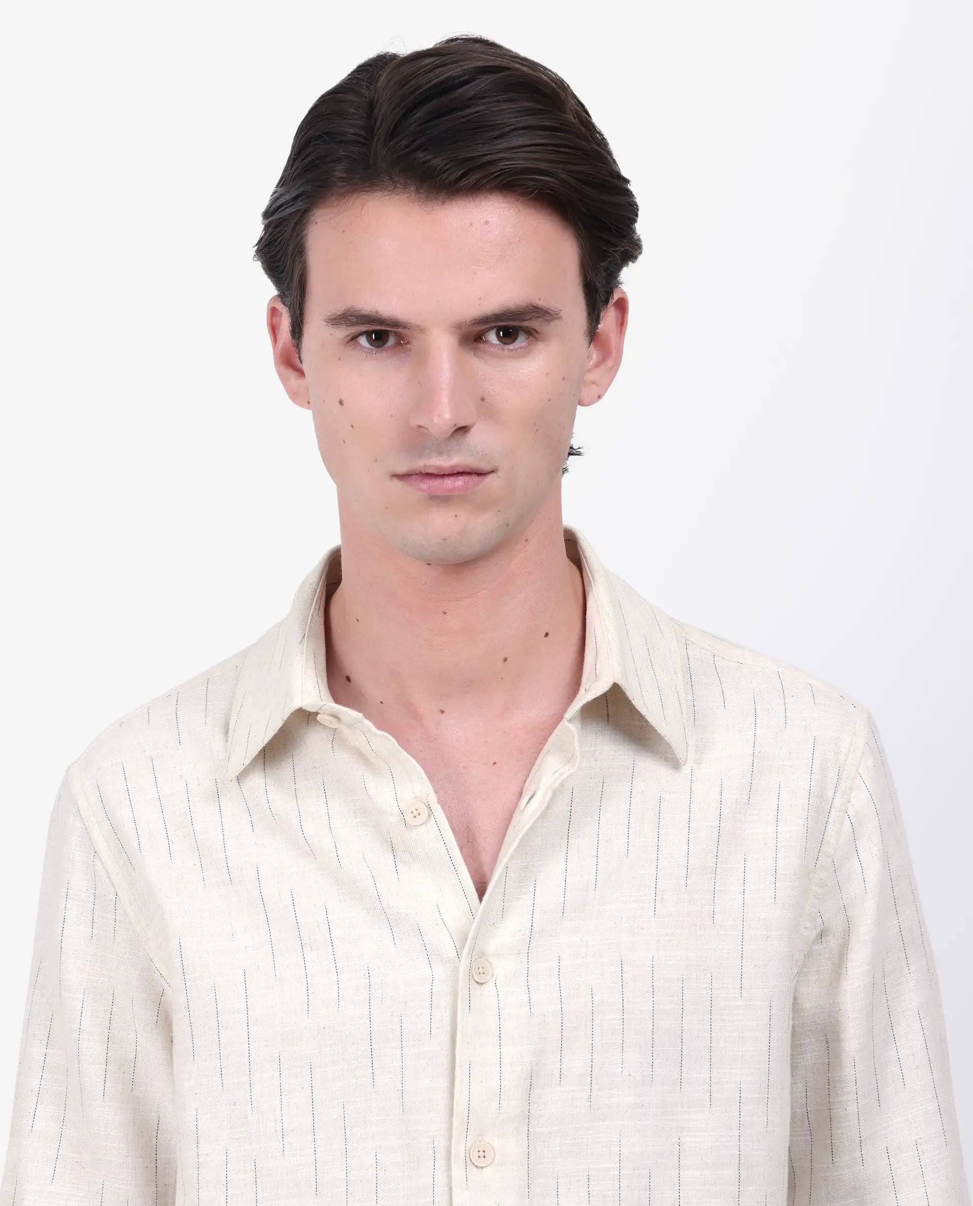 Rare Rabbit Men's Meem Beige Cotton Striped Print Regular Fit Full Sleeve Collared Shirt