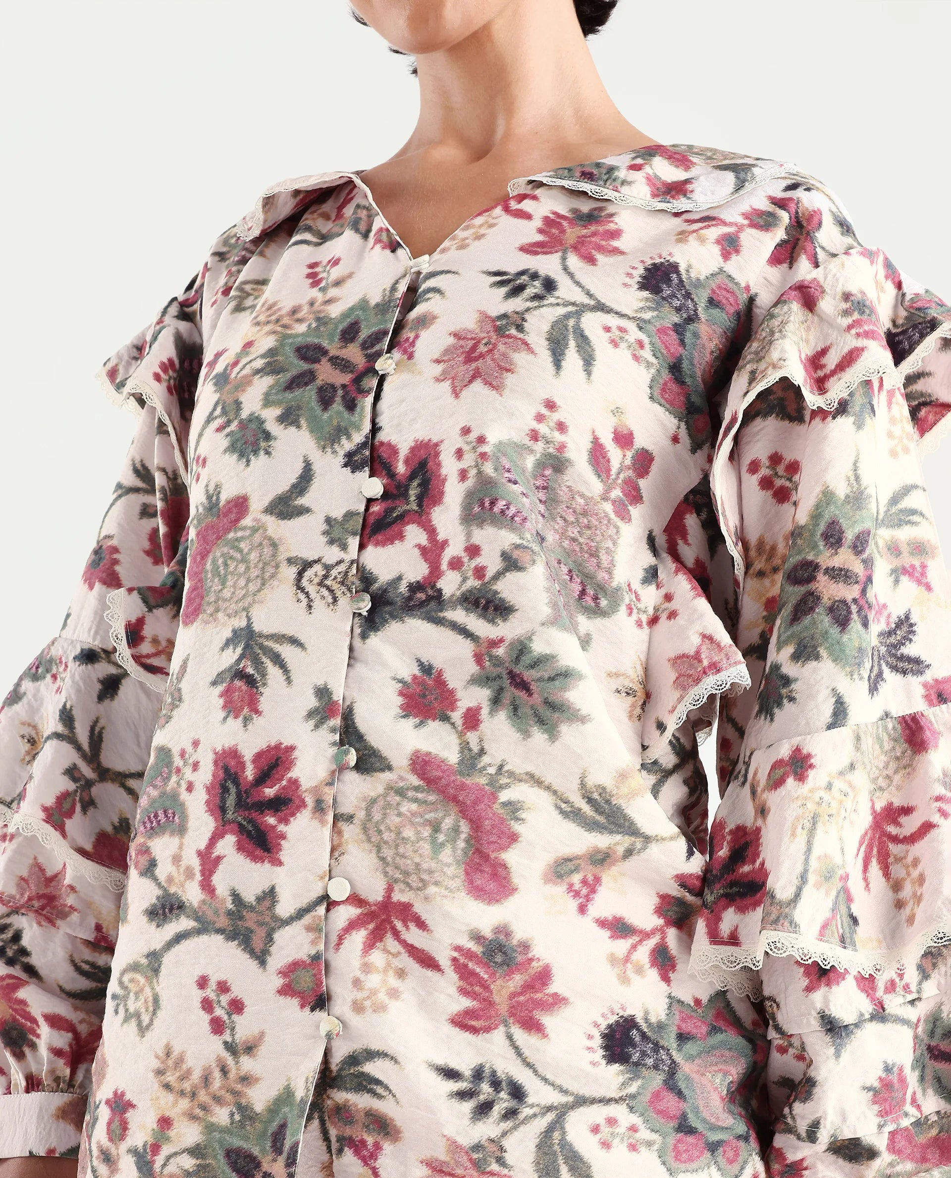 Rareism Women's Mei-T Multi Nylon Blend Peter Pan Collar Floral Print Bishop Sleeve Regular Fit Shirt