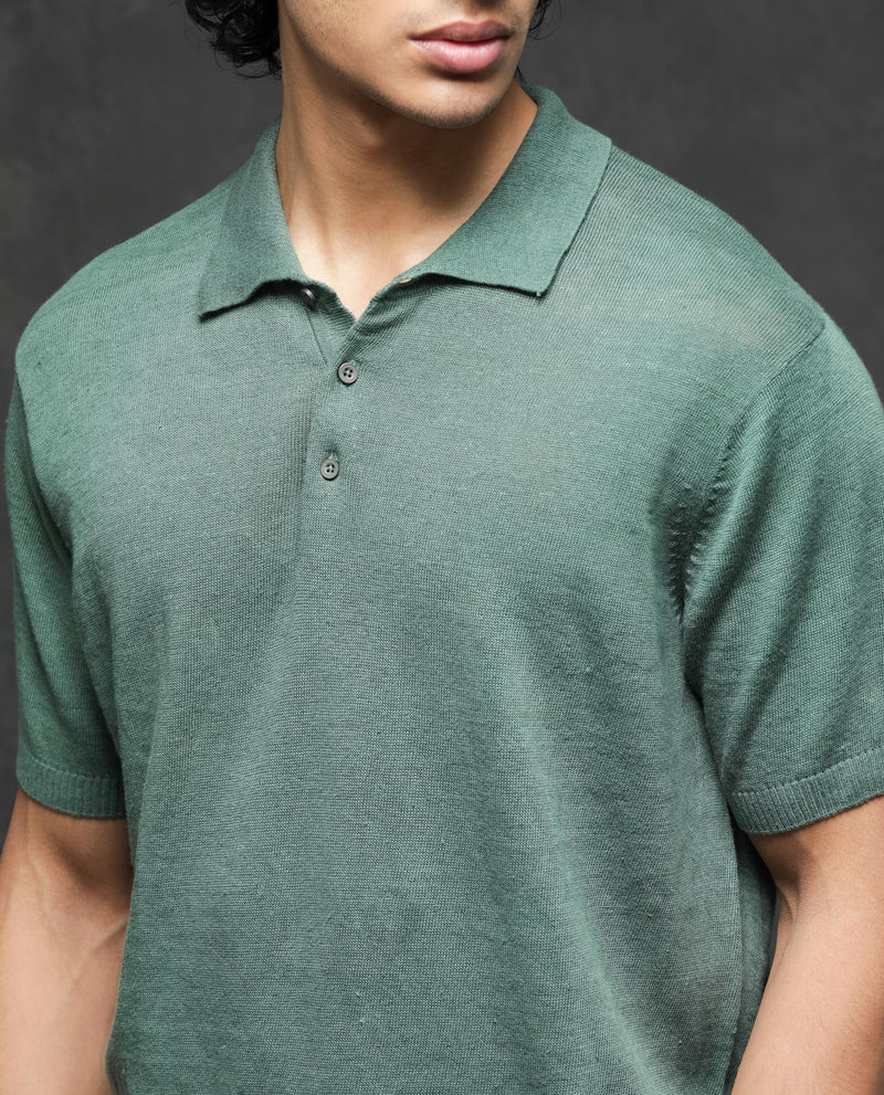 Rare Rabbit Men's Mekko Dusky Green Half Sleeves Solid Polo T-Shirt