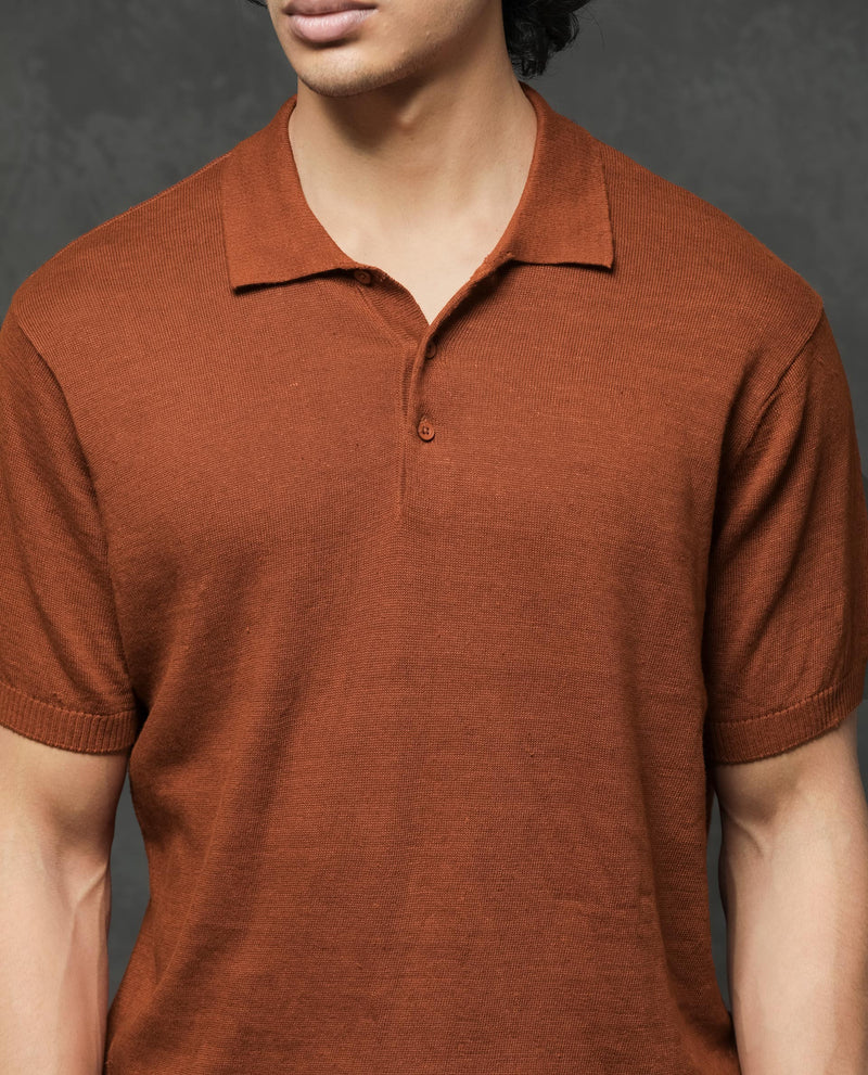 Rare Rabbit Men's Mekko Rust Half Sleeves Solid Polo T-Shirt