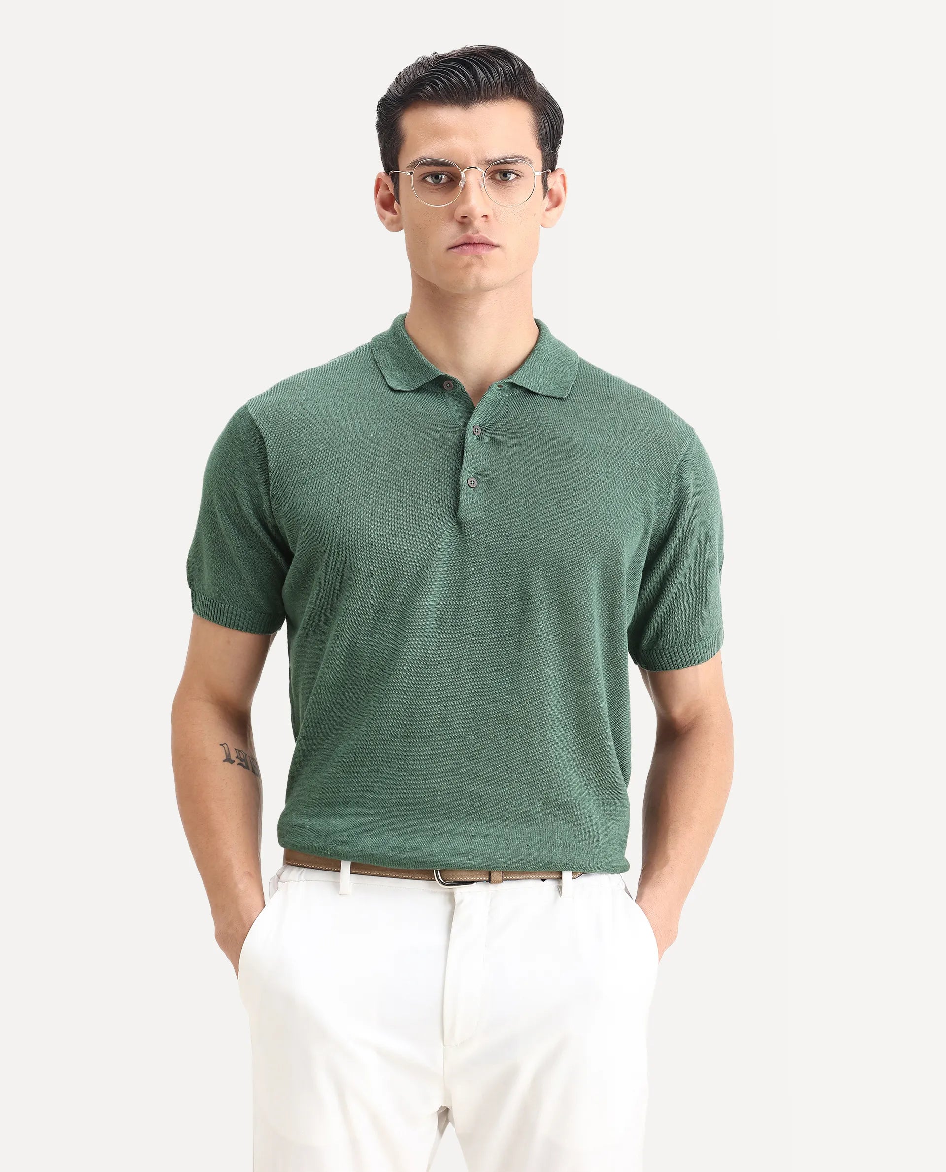 Rare Rabbit Men's Mekko Dusky Green 100% Linen Plain Regular Fit Half Sleeve Polo