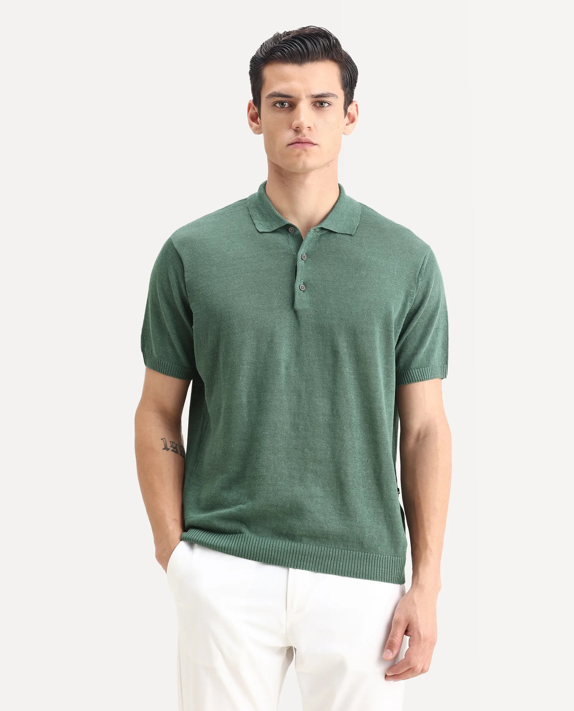 Rare Rabbit Men's Mekko Dusky Green 100% Linen Plain Regular Fit Half Sleeve Polo
