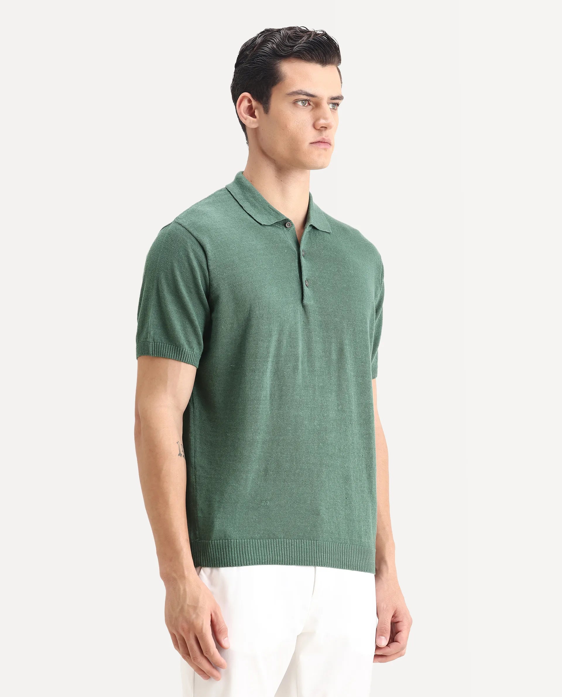 Rare Rabbit Men's Mekko Dusky Green 100% Linen Plain Regular Fit Half Sleeve Polo