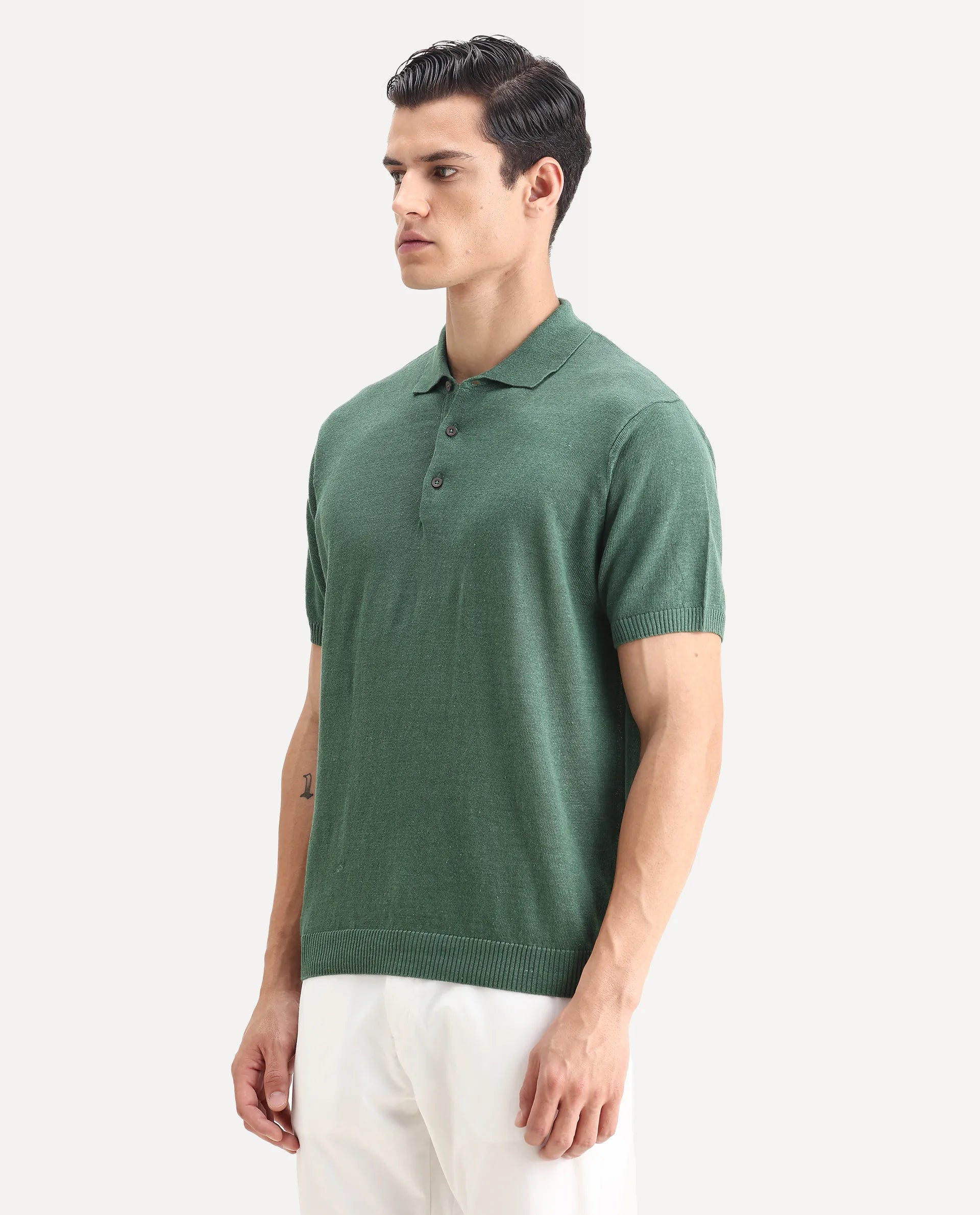 Rare Rabbit Men's Mekko Dusky Green 100% Linen Plain Regular Fit Half Sleeve Polo