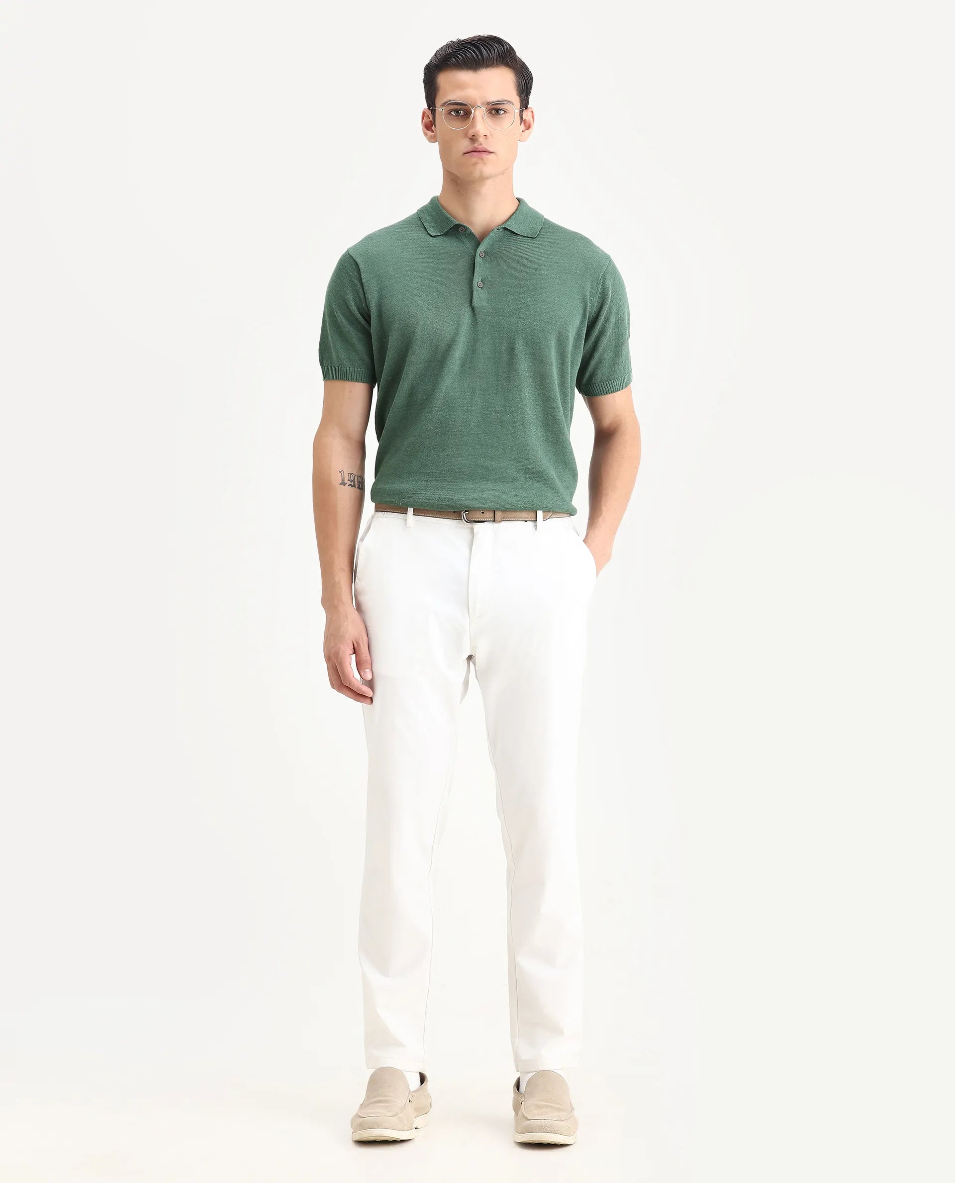 Rare Rabbit Men's Mekko Dusky Green 100% Linen Plain Regular Fit Half Sleeve Polo