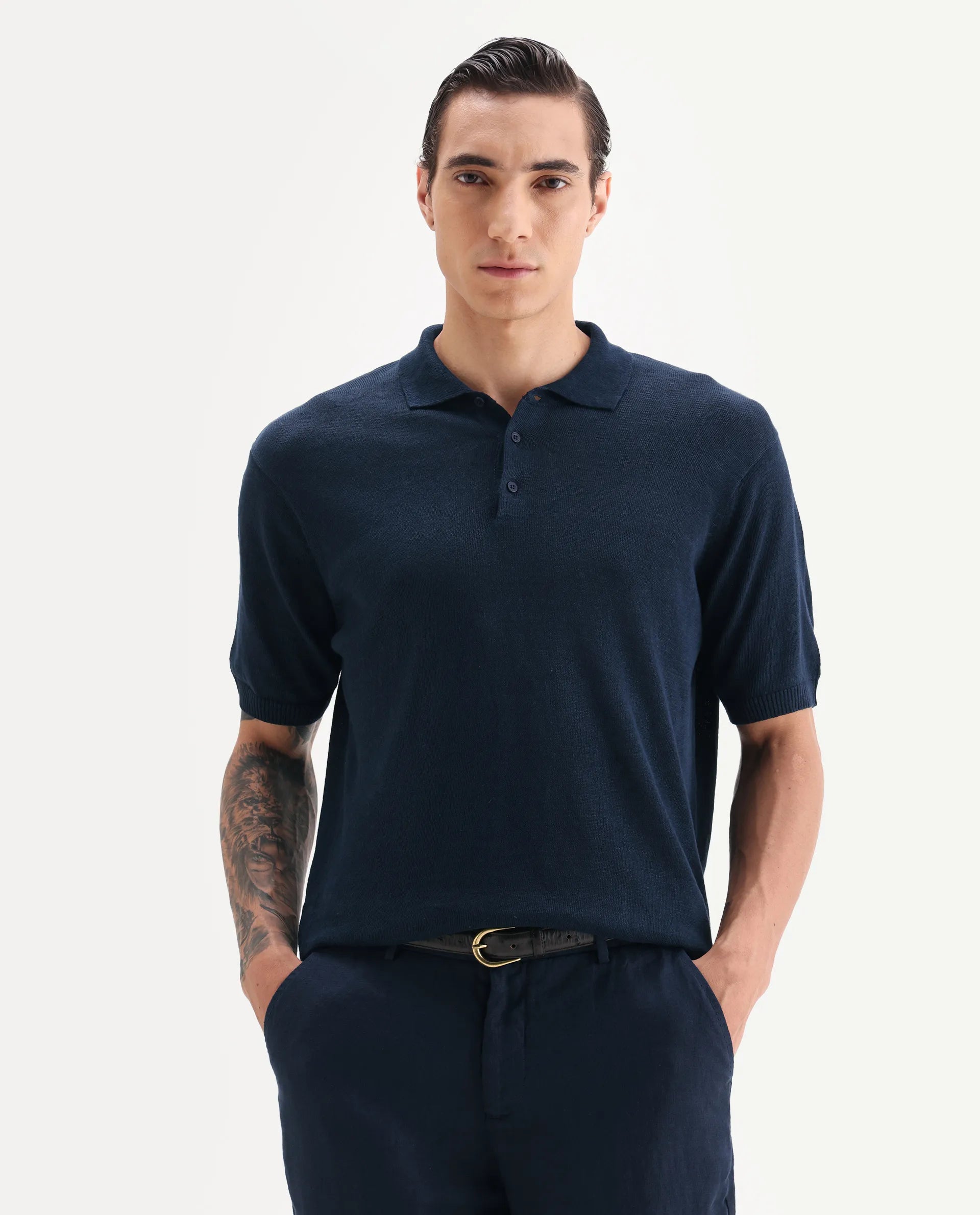 Rare Rabbit Men's Mekko Navy 100% Linen Plain Regular Fit Half Sleeve Polo