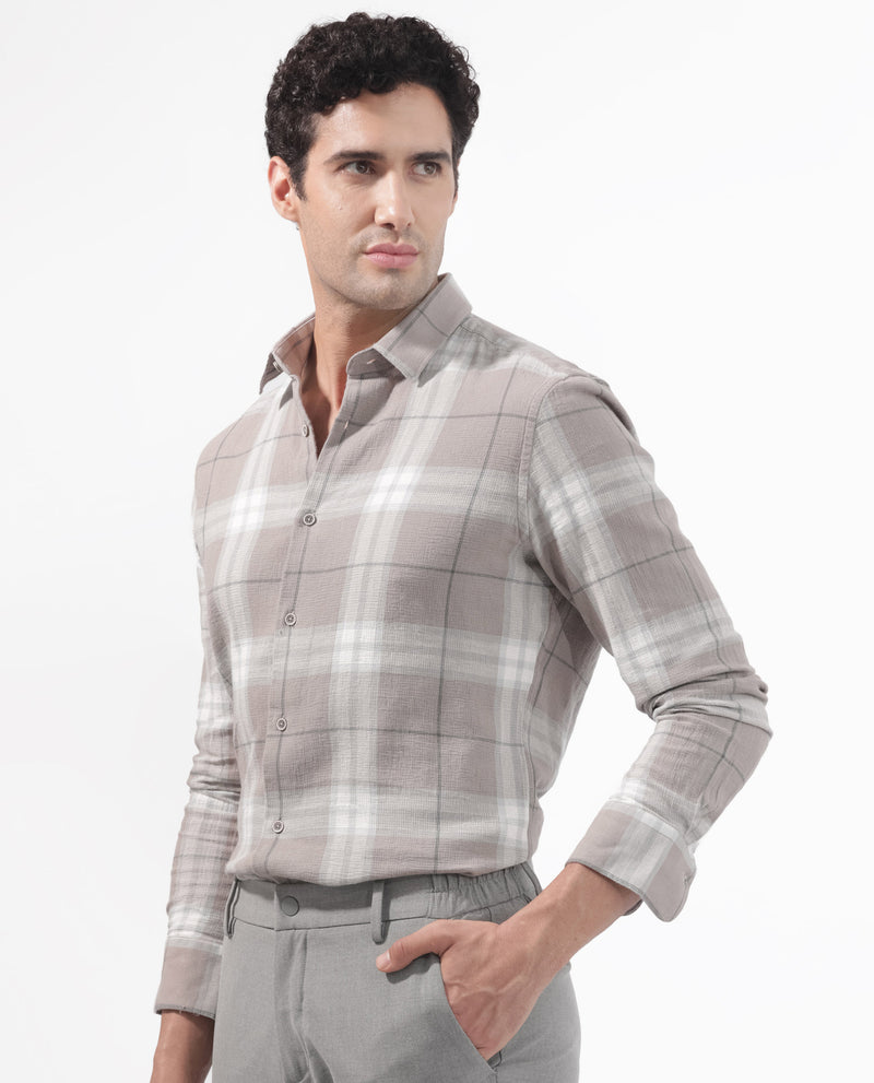 Rare Rabbit Men's Melfi Light Brown Cotton Fabric Full Sleeves Checks Shirt