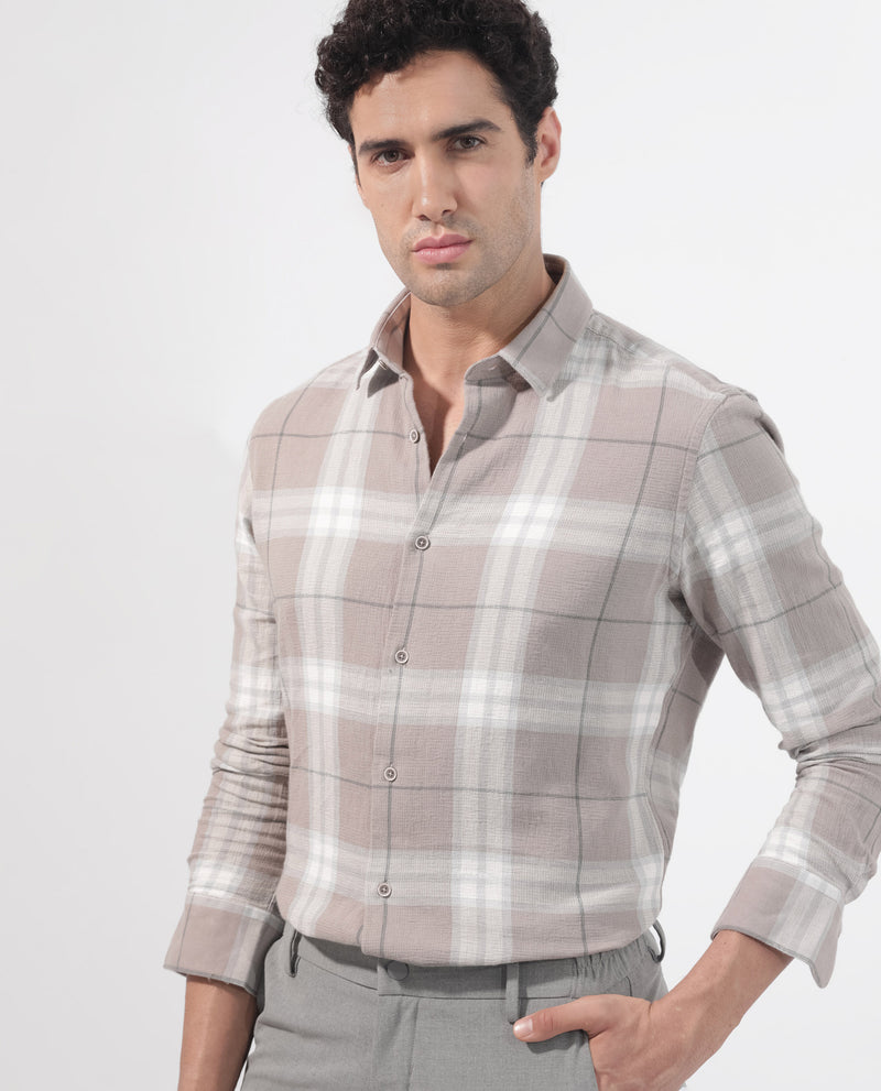 Rare Rabbit Men's Melfi Light Brown Cotton Fabric Full Sleeves Checks Shirt