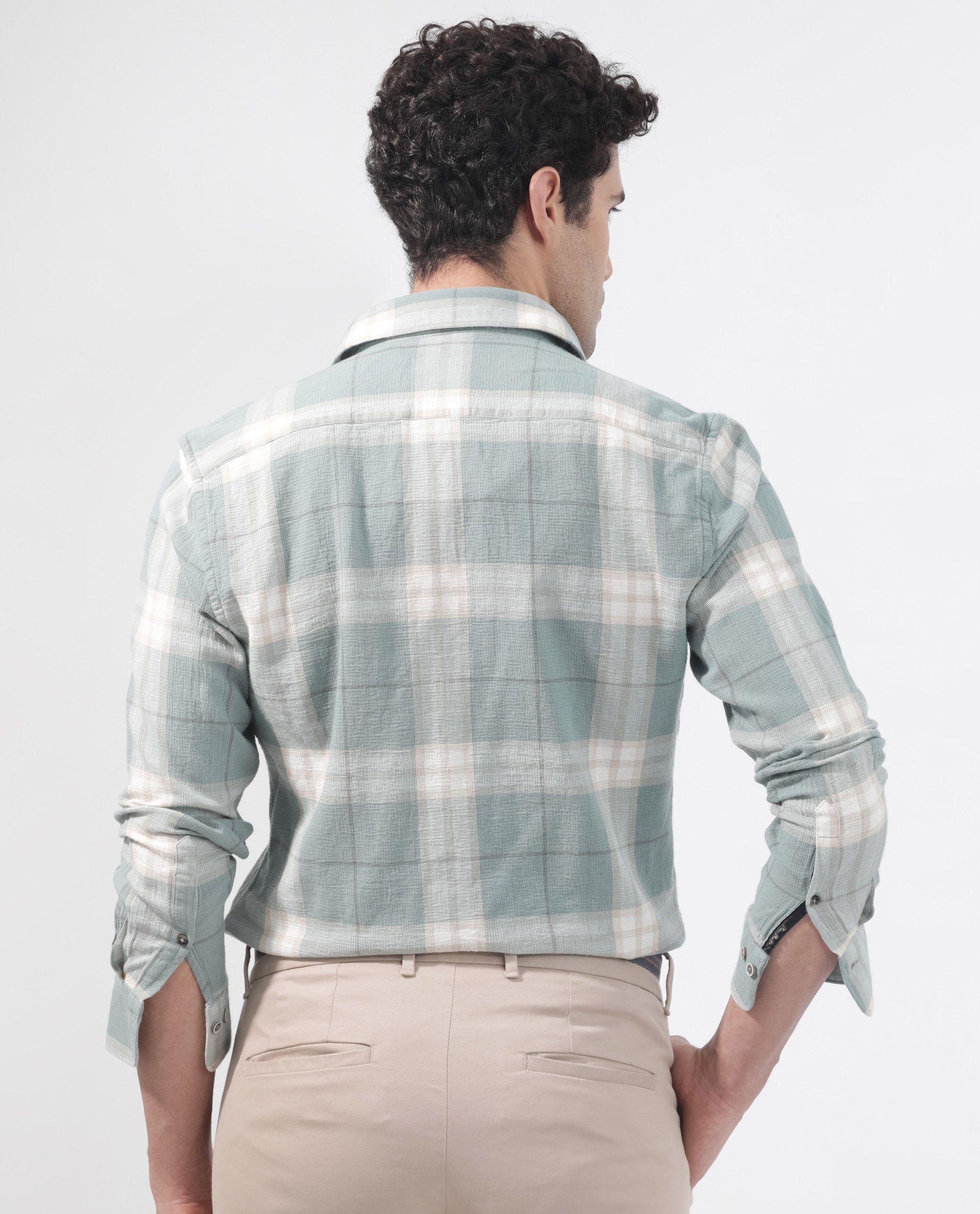 Rare Rabbit Mens Melfi Teal Cotton Fabric Full Sleeves Regular Fit Checks Shirt