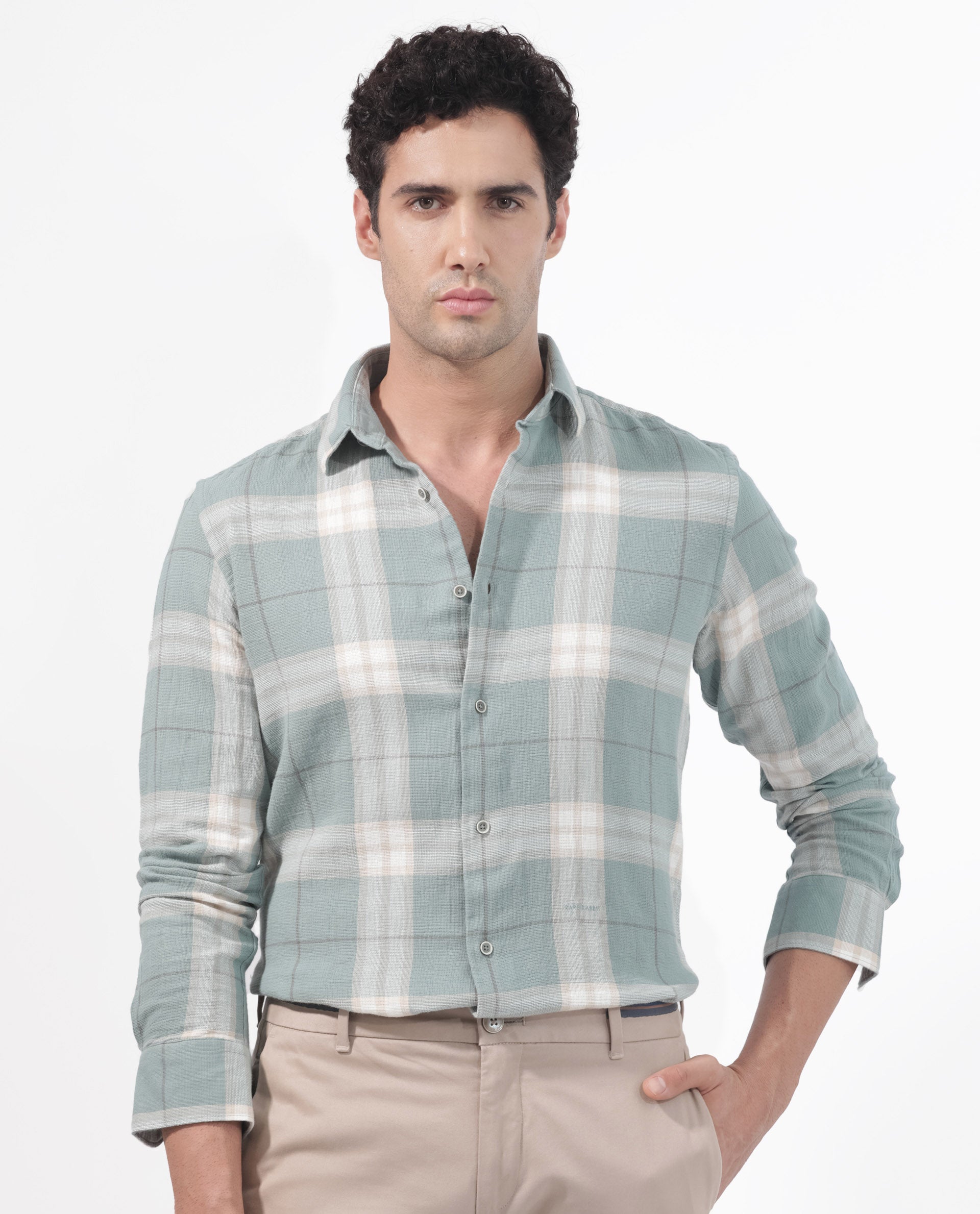 Rare Rabbit Mens Melfi Teal Cotton Fabric Full Sleeves Regular Fit Checks Shirt