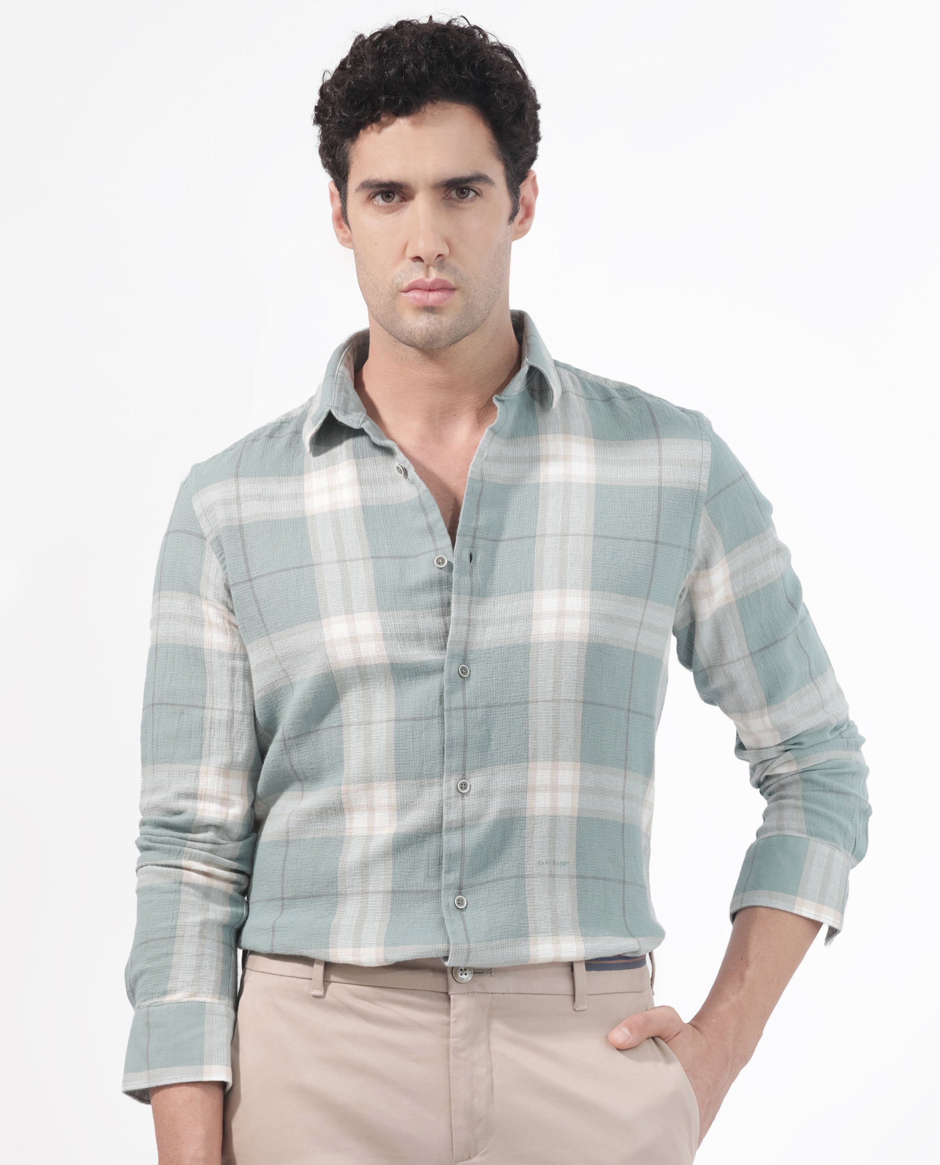 Rare Rabbit Mens Melfi Teal Cotton Fabric Full Sleeves Regular Fit Checks Shirt