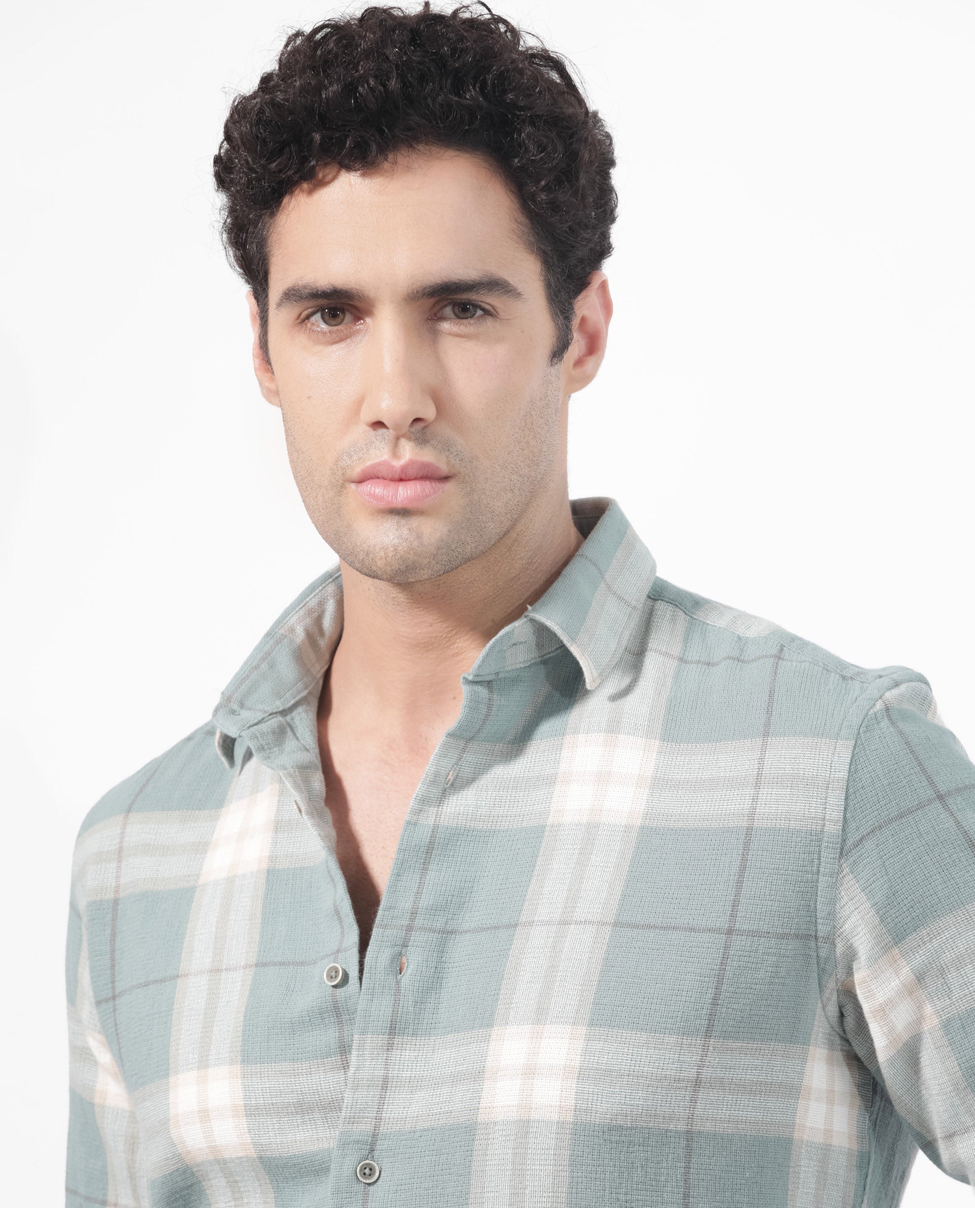 Rare Rabbit Mens Melfi Teal Cotton Fabric Full Sleeves Regular Fit Checks Shirt