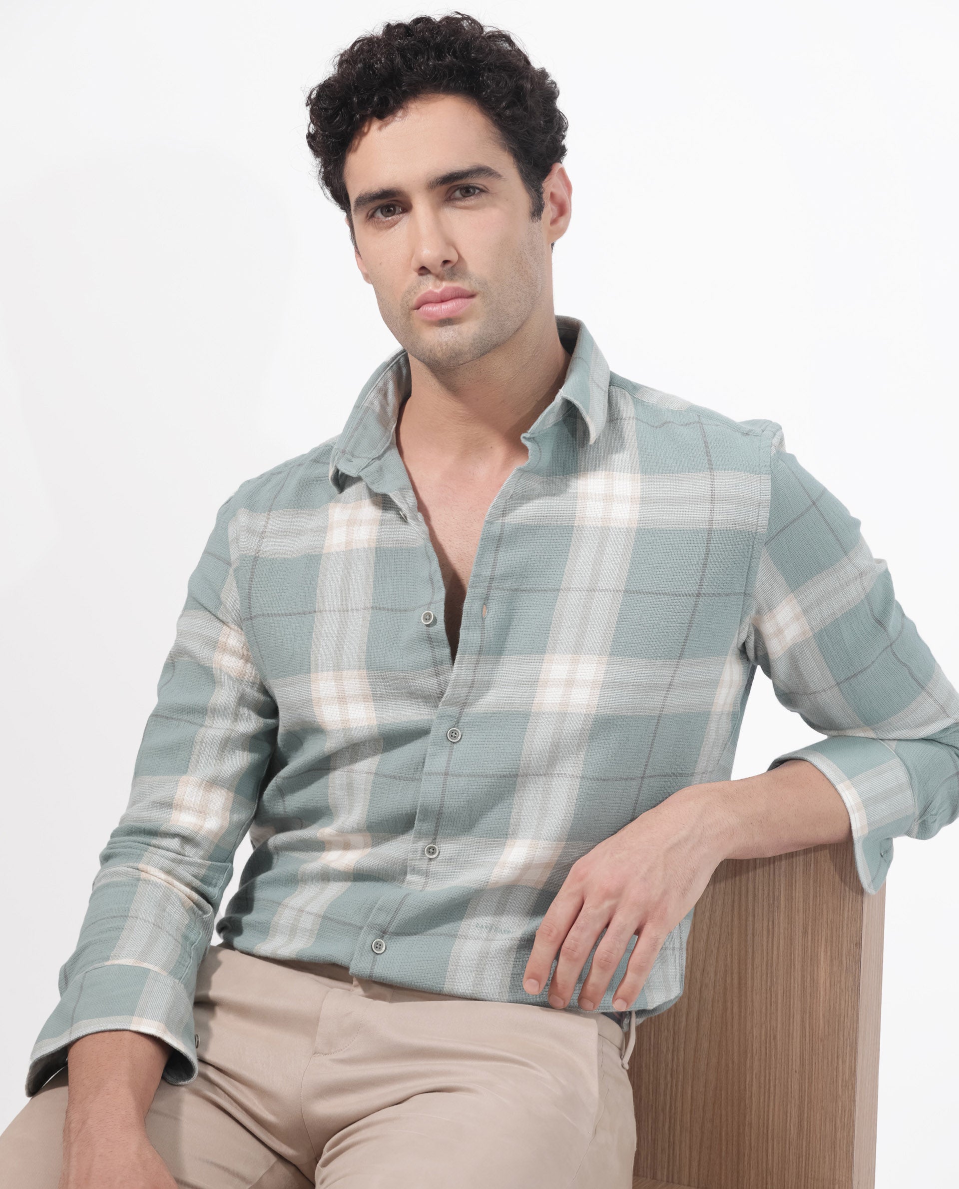 Rare Rabbit Mens Melfi Teal Cotton Fabric Full Sleeves Regular Fit Checks Shirt