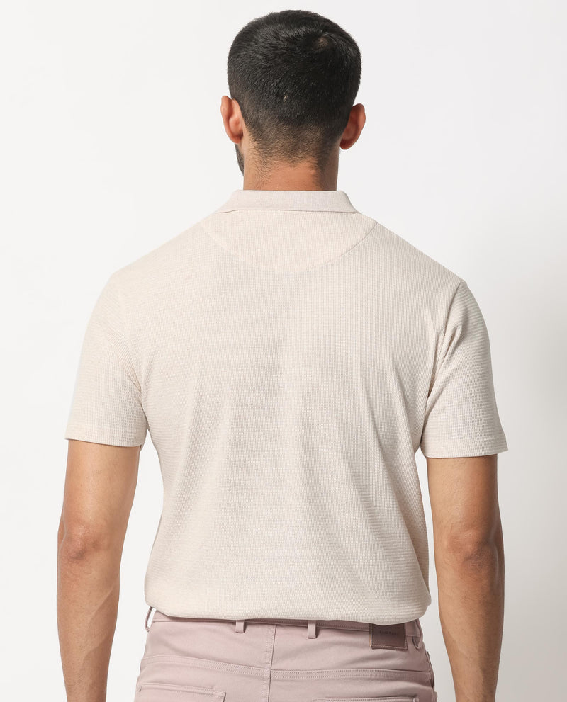 Rare Rabbit Men's Mello Beige Cotton Polyester Fabric Collared Neck Half Sleeves Textured Polo T-Shirt