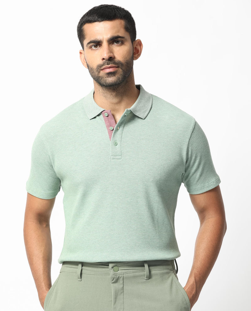 Rare Rabbit Men's Mello Dusky Green Cotton Polyester Fabric Collared Neck Half Sleeves Textured Polo T-Shirt