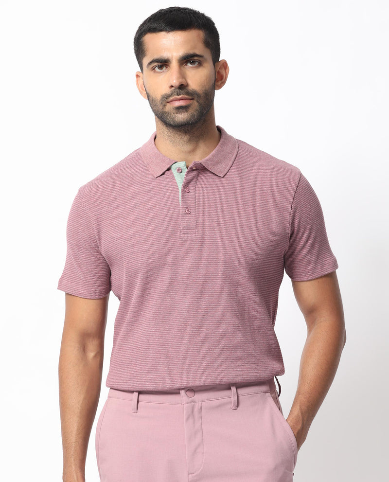 Rare Rabbit Men's Mello Dusky Pink Cotton Polyester Fabric Collared Neck Half Sleeves Textured Polo T-Shirt
