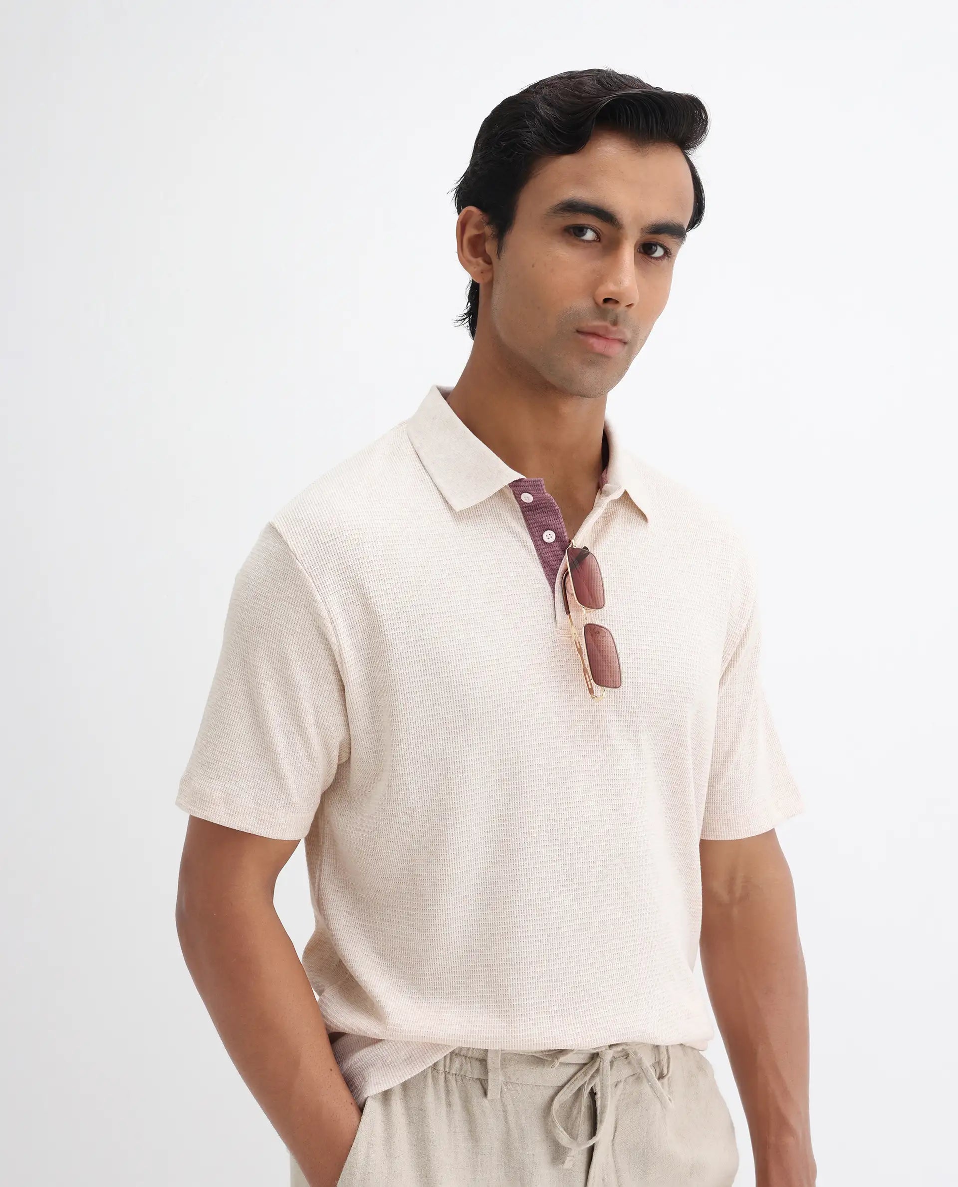 Rare Rabbit Men's Mello Beige Cotton Plain Regular Fit Half Sleeve Polo