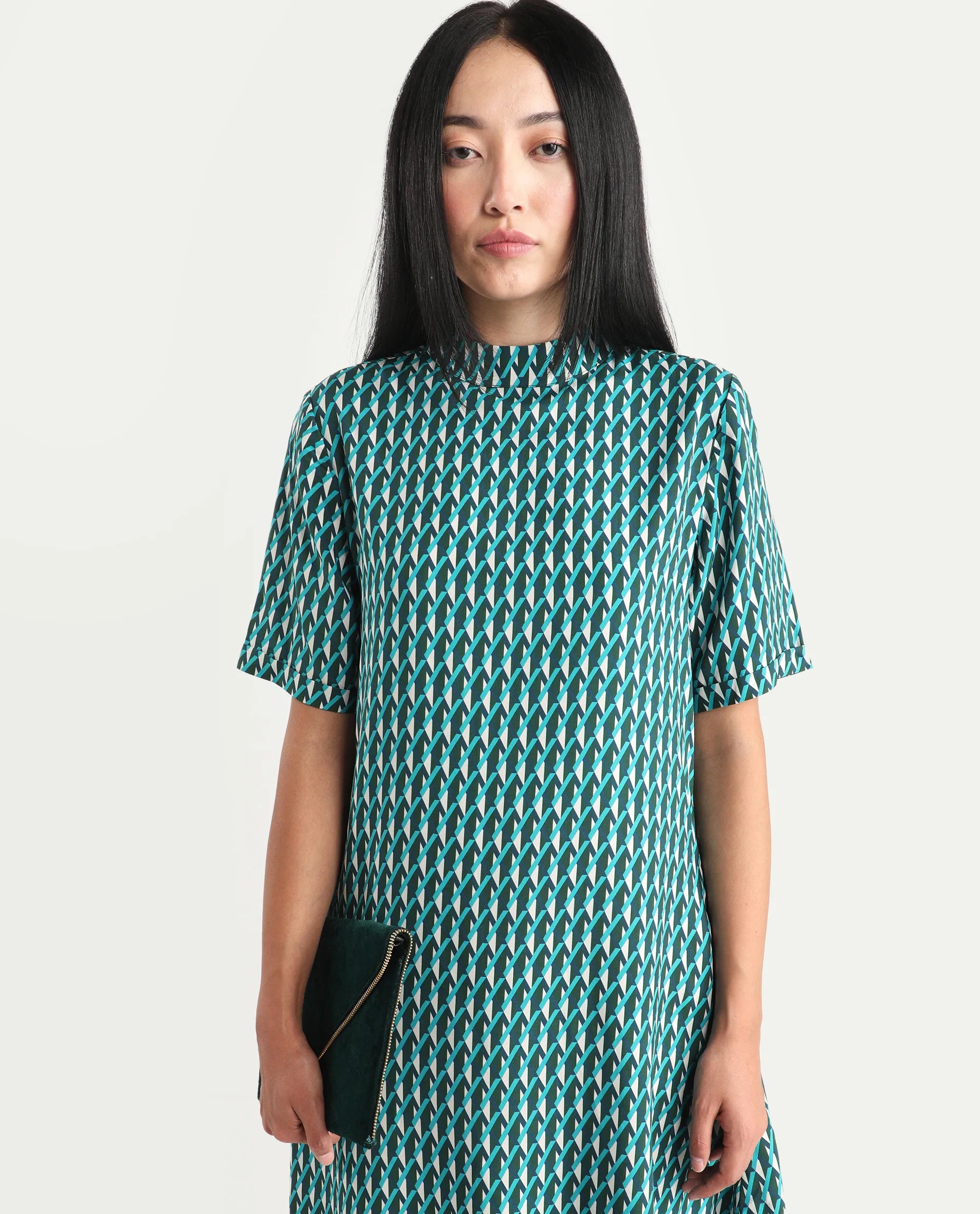 Rareism Women's Mello Blue Viscose High Neck Geometric Print Knee Length Regular Fit Dress